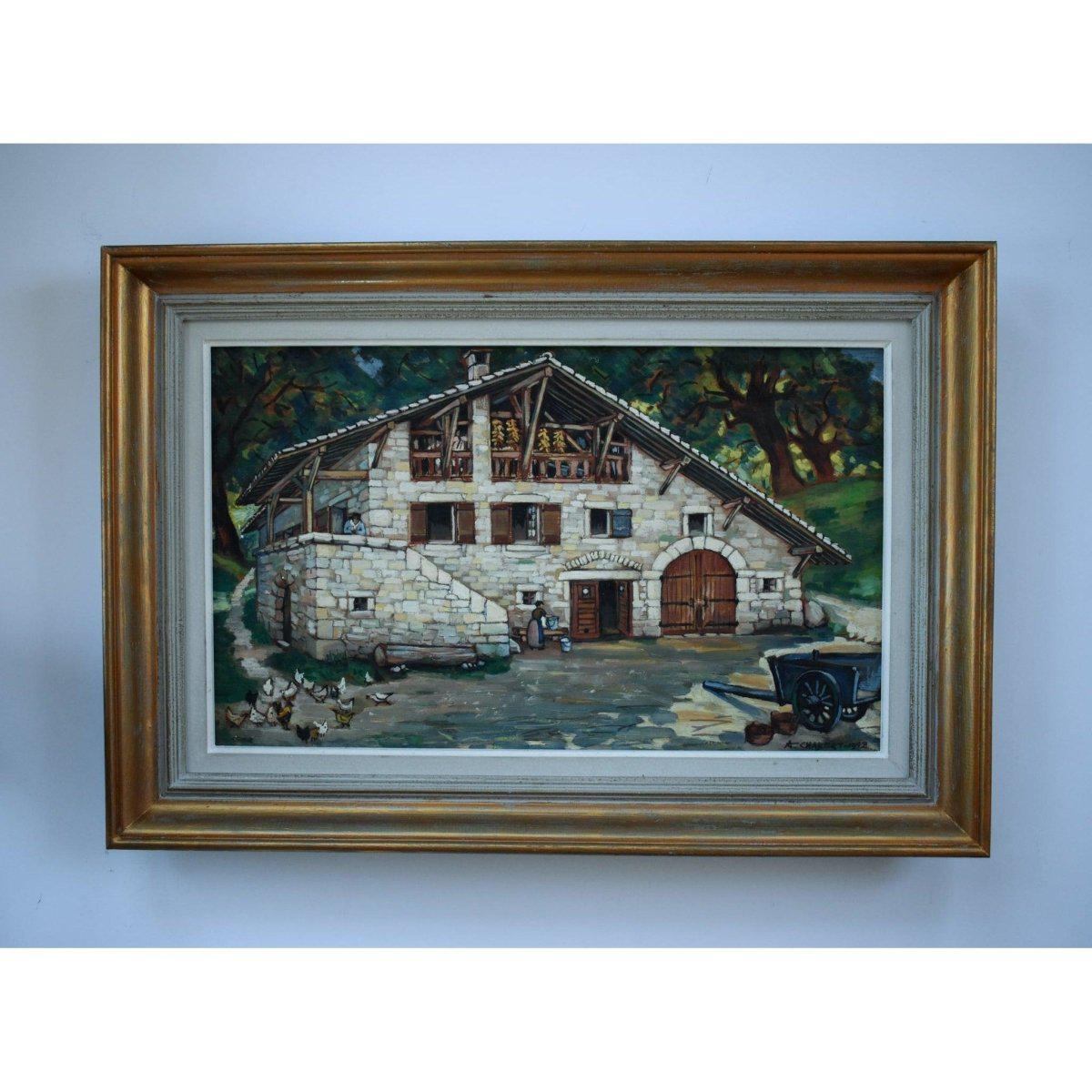 Vintage landscape oil painting french stone old farm original 1942 by André Chabert for sale at Winckelmann Gallery