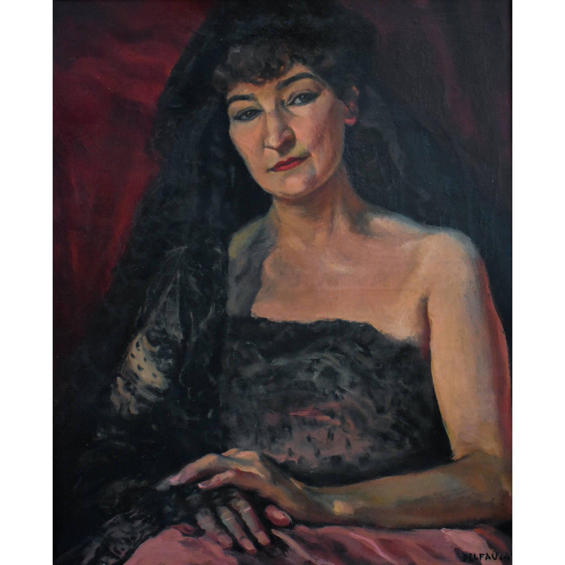 Portrait oil painting woman dancer Elisabeth Toulemont original 1943 by André Delfau for sale at Winckelmann Gallery