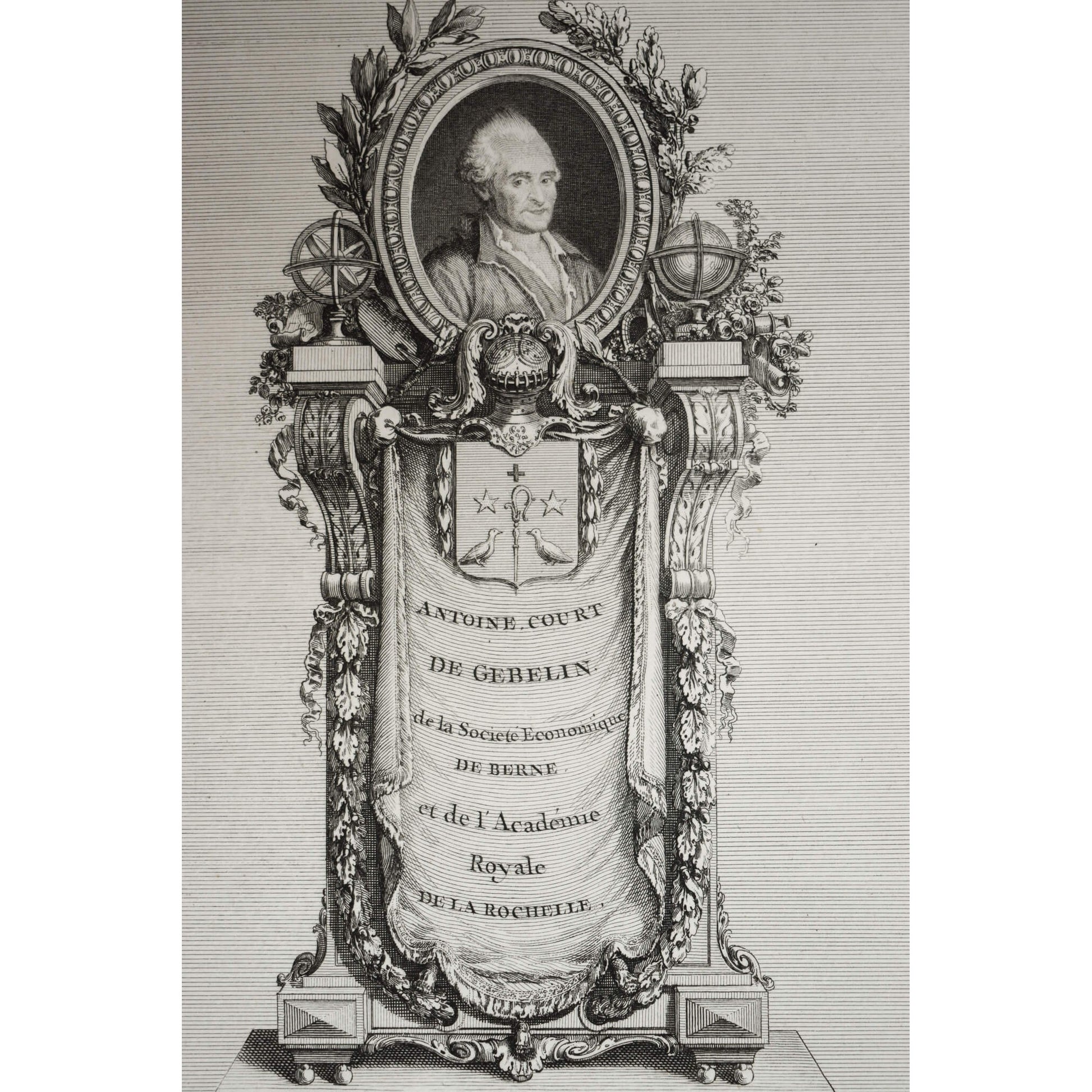 Antique portrait engraving, Antoine Court de Gébelin, Original 1776 by Antoine-Louis Romanet, for sale at Winckelmann Gallery