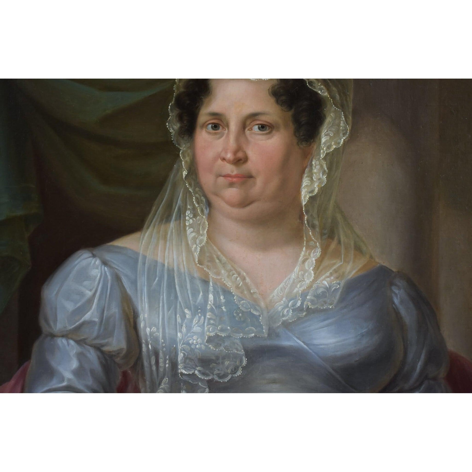Antique portrait oil painting woman elegant blue dress original 1822 by Anton Bayer for sale at Winckelmann Gallery