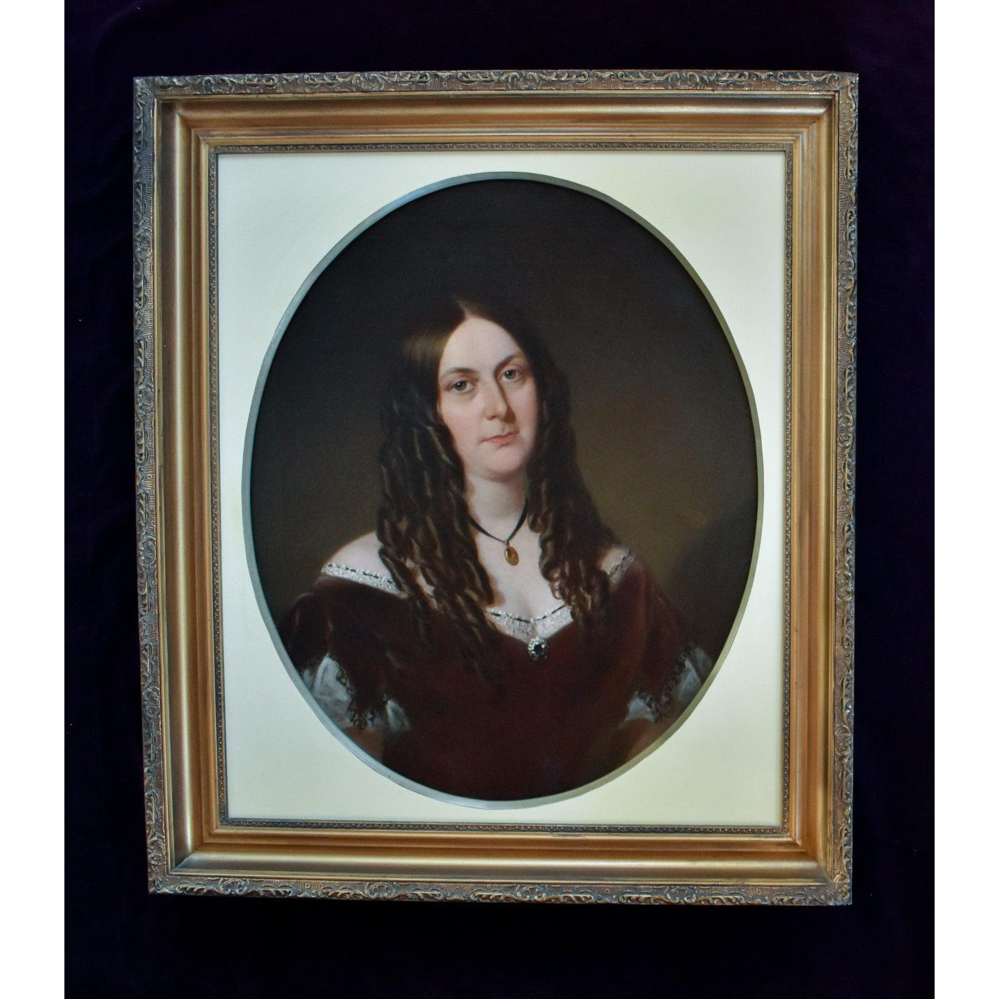 Antique portrait oil painting Charlotte Waddell New York socialite 1867 by Arthur Miles for sale at Winckelmann Gallery