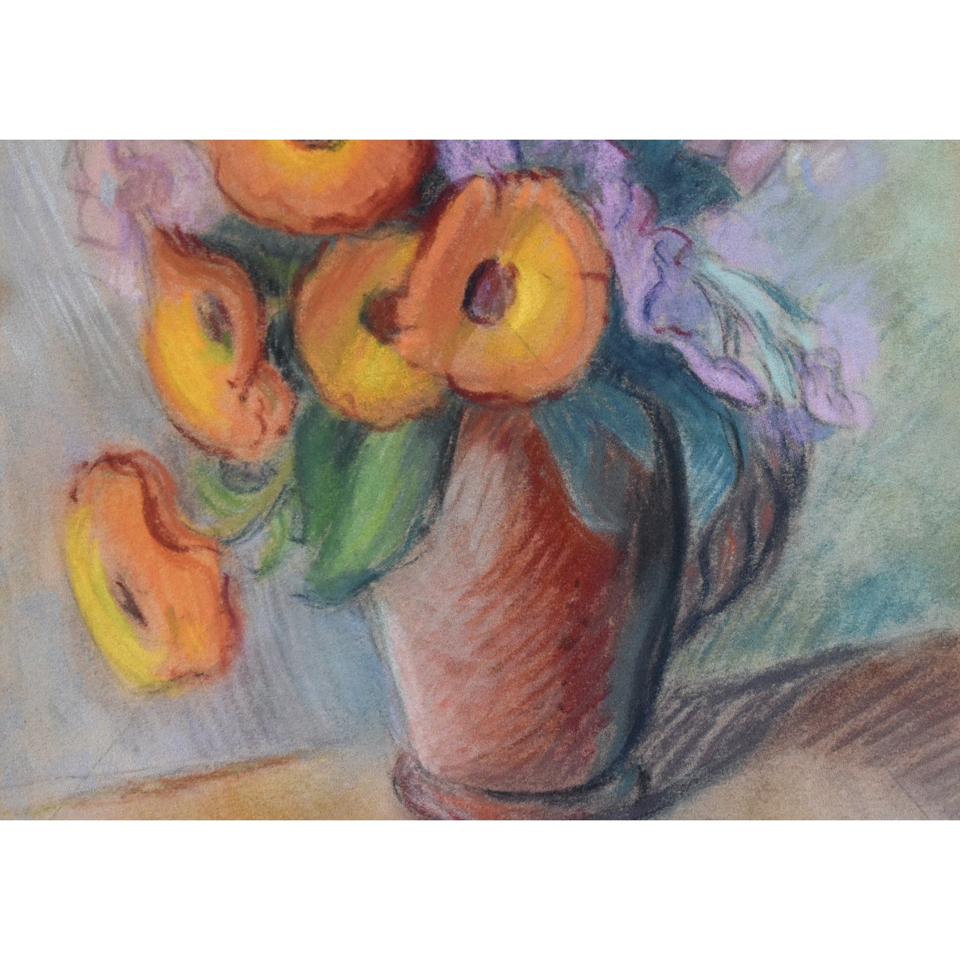 Vintage still life pastel painting, flowers in a vase circa 1950, by Claire Demartinécourt, for sale at Winckelmann Gallery