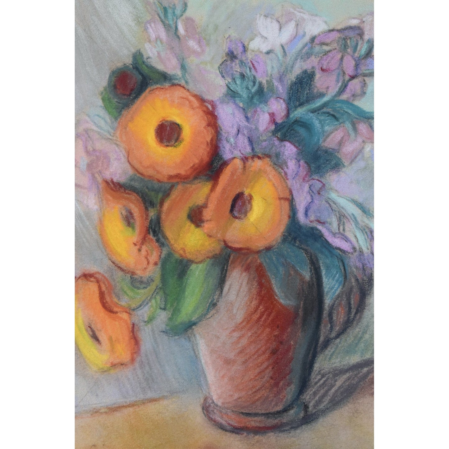 Vintage still life pastel painting, flowers in a vase circa 1950, by Claire Demartinécourt, for sale at Winckelmann Gallery