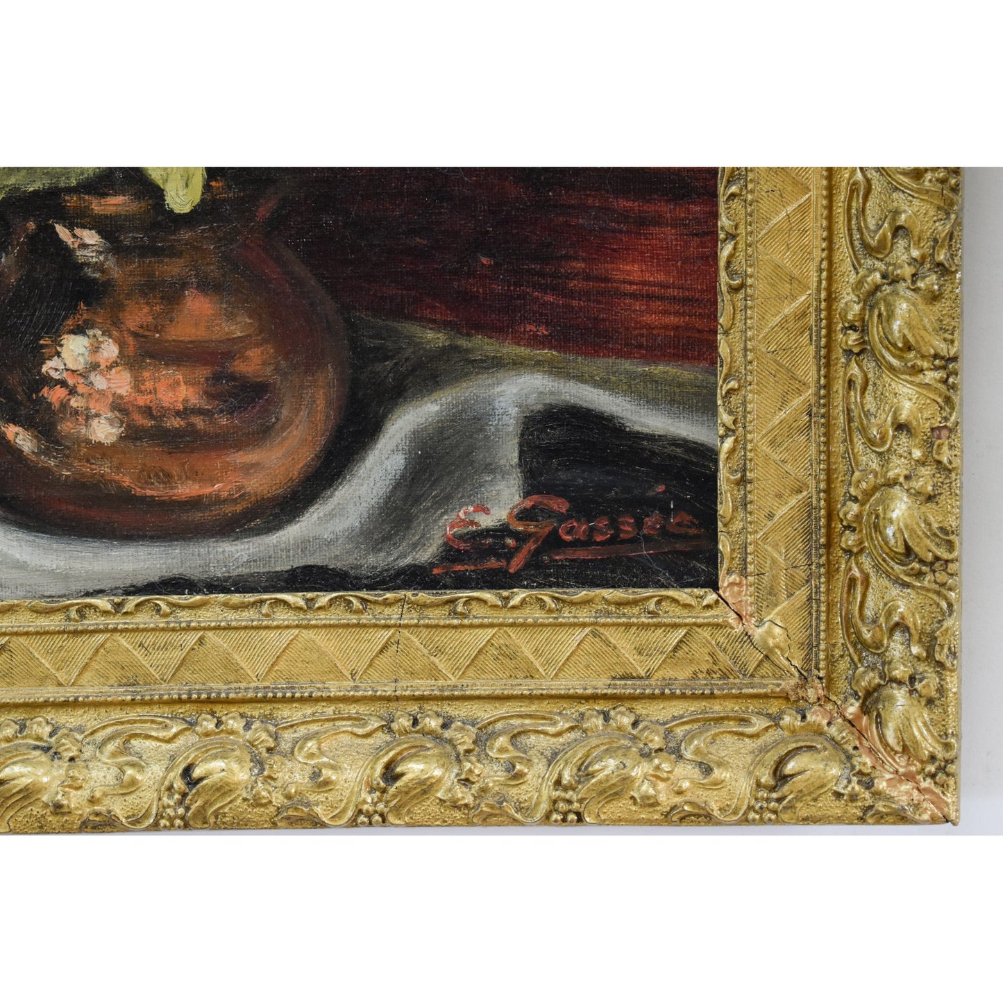 Vintage still life oil painting, flowers vase and evil mask circa 1950, signed Gassée, for sale at Winckelmann Gallery