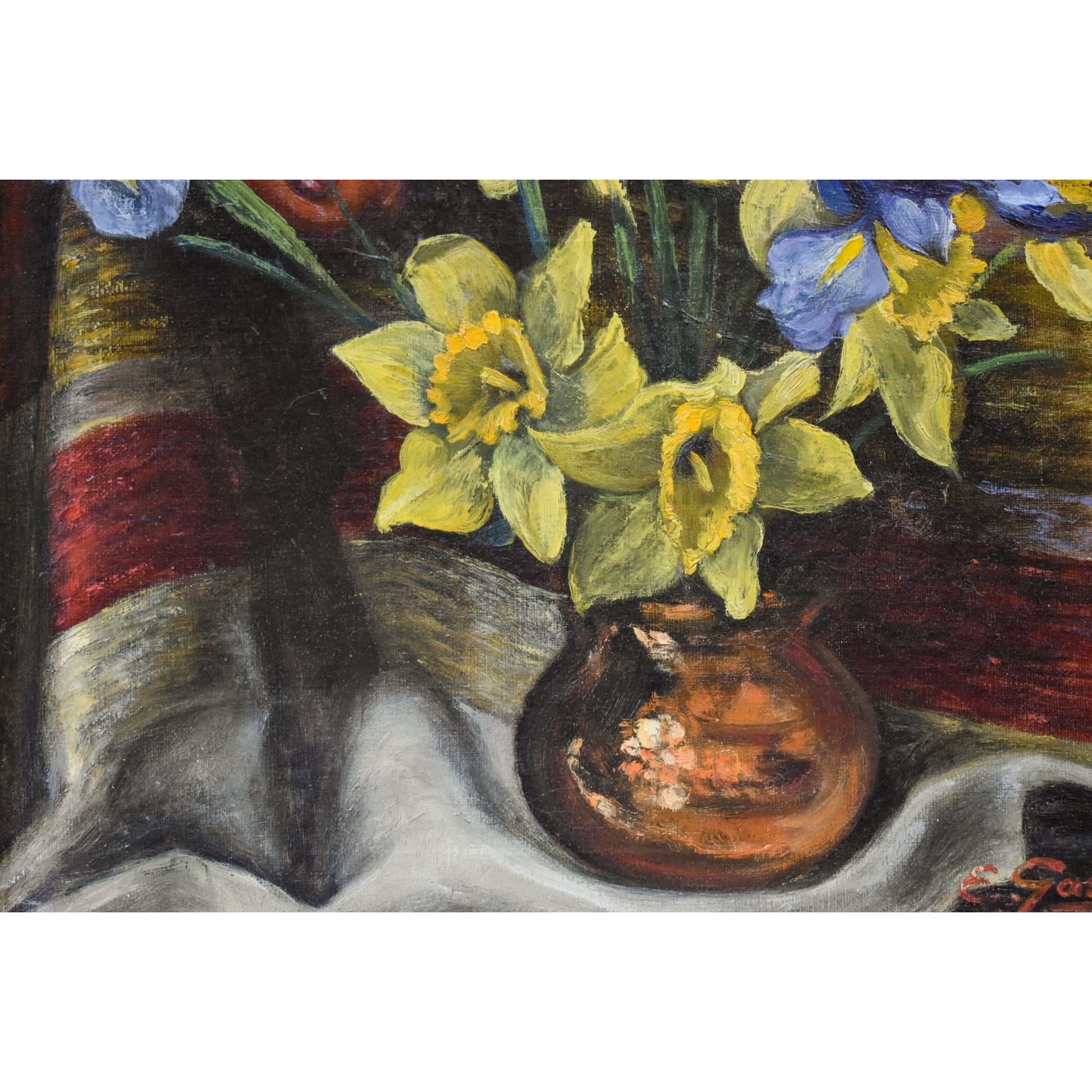 Vintage still life oil painting, flowers vase and evil mask circa 1950, signed Gassée, for sale at Winckelmann Gallery
