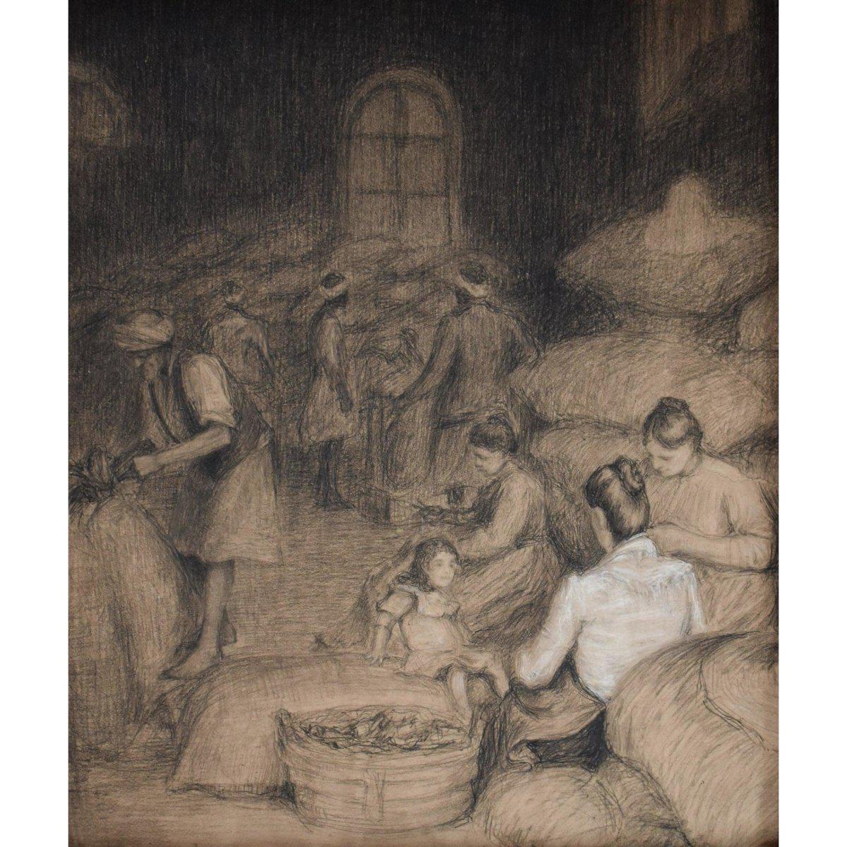 Antique scene drawing painting workers warehouse circa 1910 by Edouard Pannetier for sale at Winckelmann Gallery