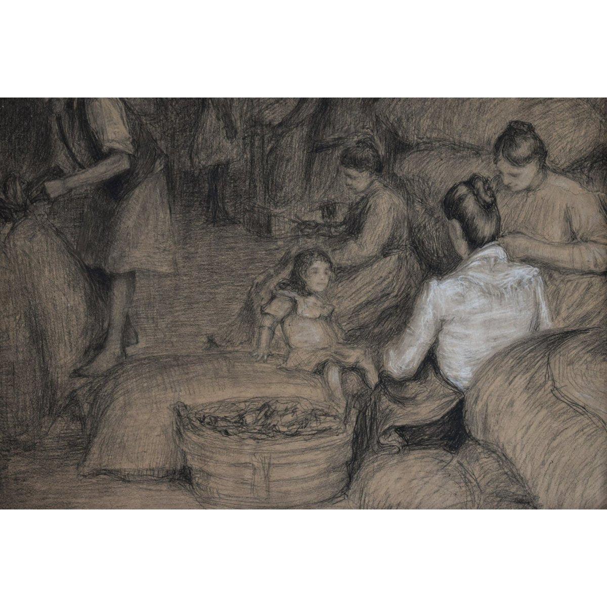 Antique scene drawing painting workers warehouse circa 1910 by Edouard Pannetier for sale at Winckelmann Gallery