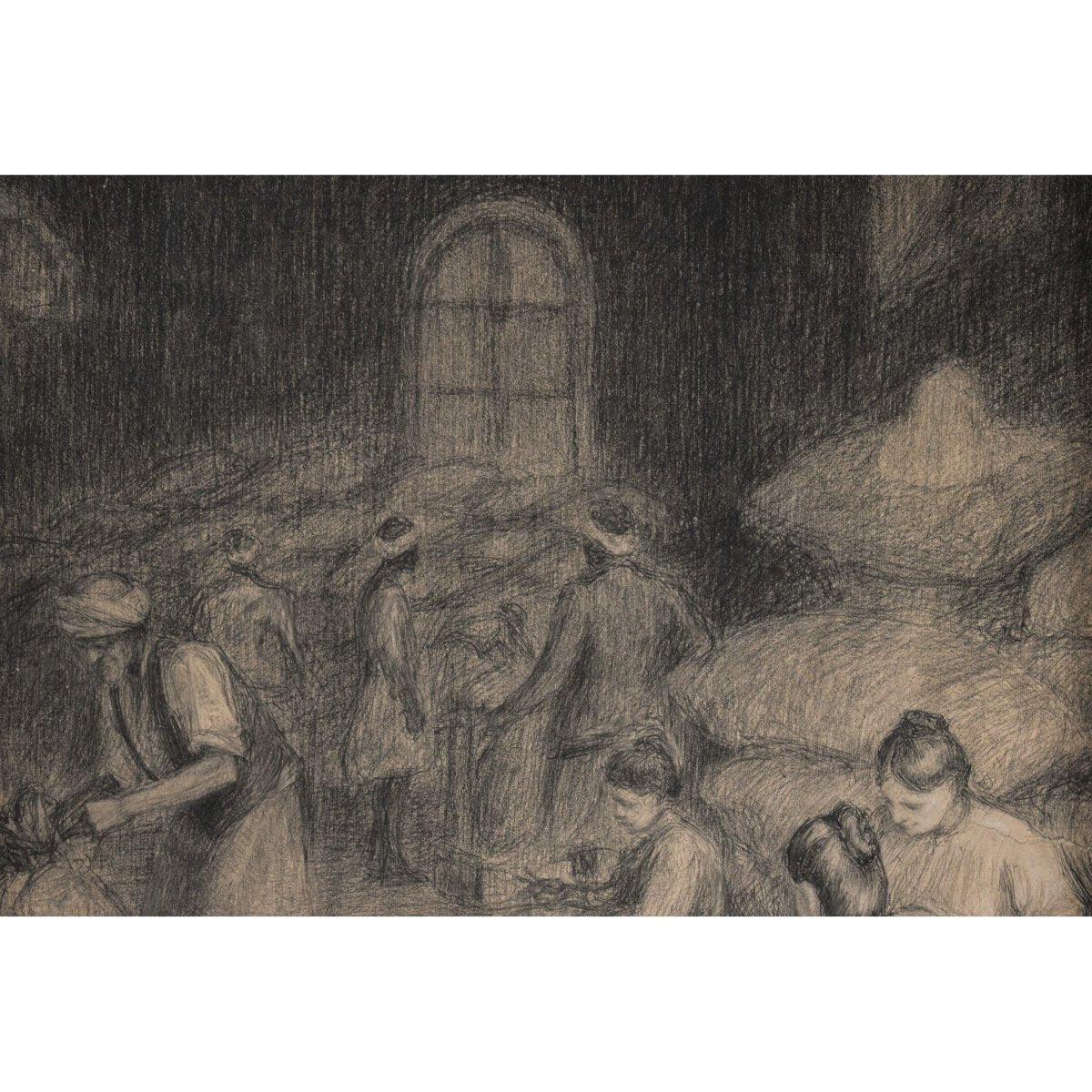 Antique scene drawing painting workers warehouse circa 1910 by Edouard Pannetier for sale at Winckelmann Gallery