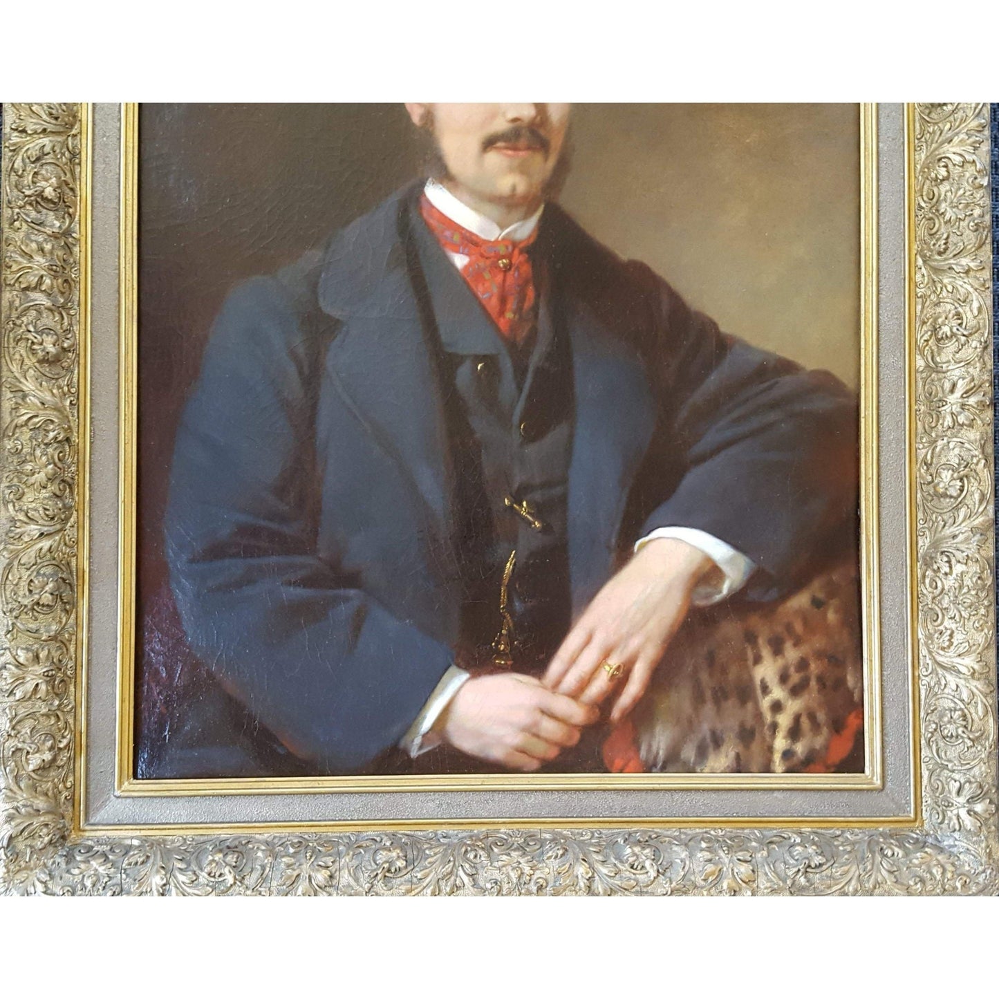 Antique portrait oil painting gentleman with a leopard skin original 1863 by Franz Sterrer for sale at Winckelmann Gallery