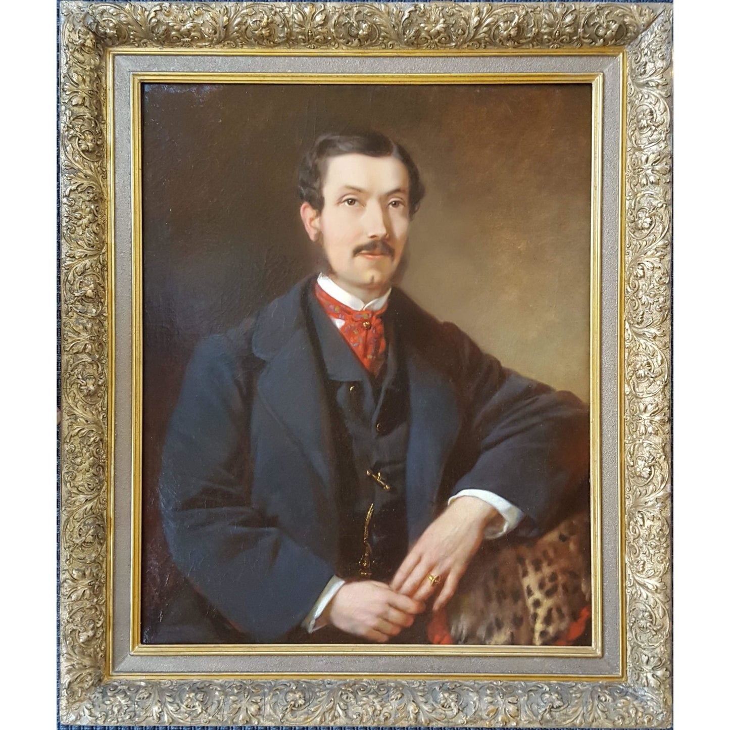 Antique portrait oil painting gentleman with a leopard skin original 1863 by Franz Sterrer for sale at Winckelmann Gallery