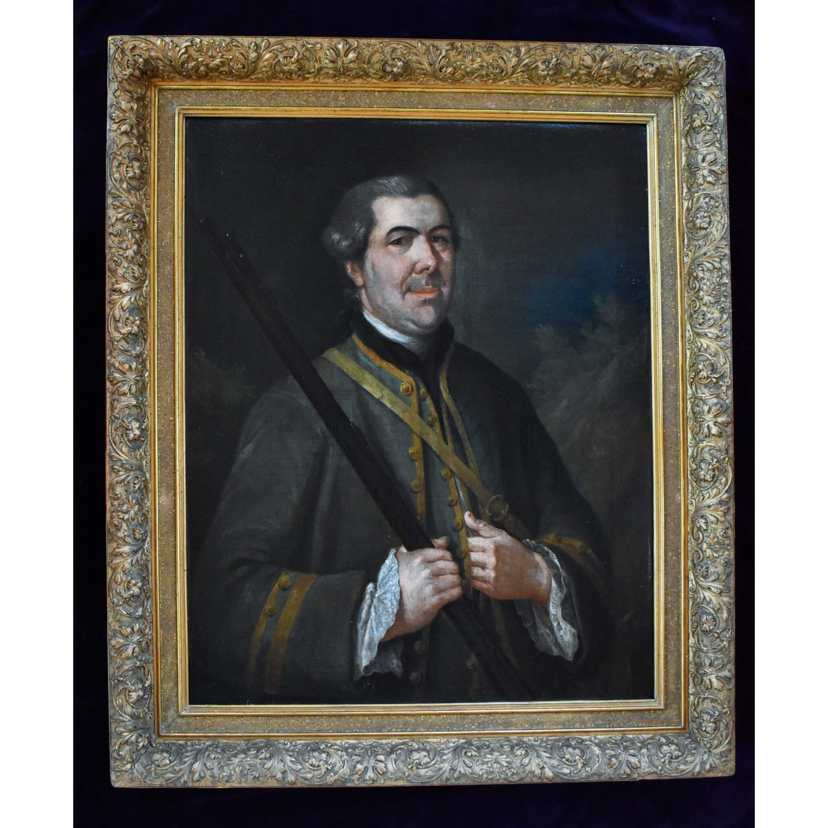 Antique portrait oil painting hunter french nobleman original 1758 by Georges de Roose for sale at Winckelmann Gallery