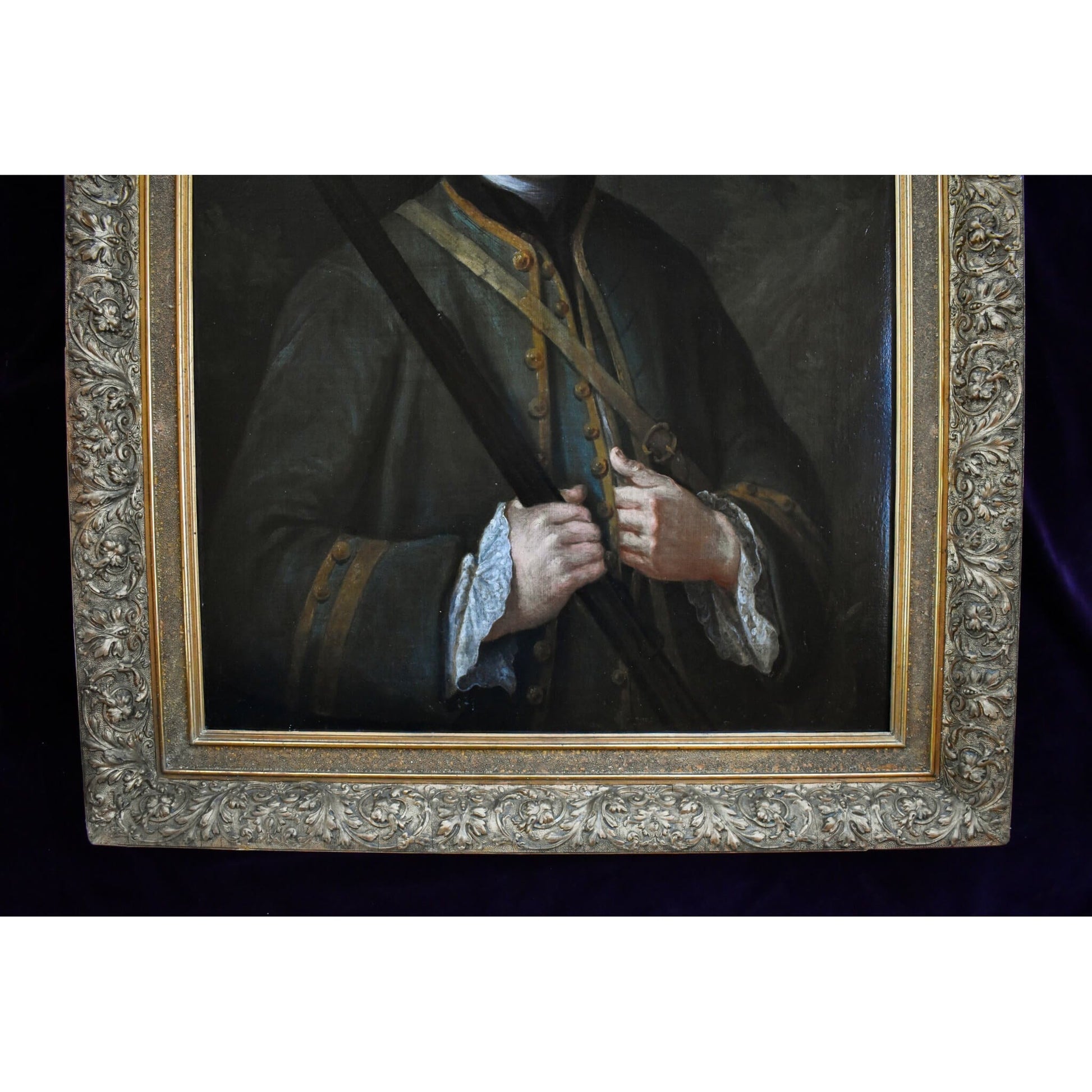 Antique portrait oil painting hunter french nobleman original 1758 by Georges de Roose for sale at Winckelmann Gallery