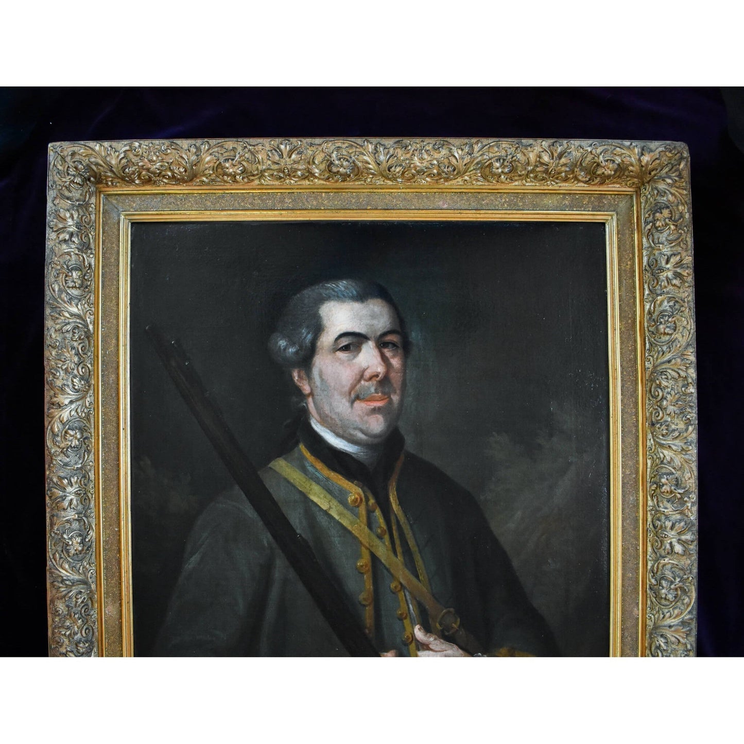 Antique portrait oil painting hunter french nobleman original 1758 by Georges de Roose for sale at Winckelmann Gallery