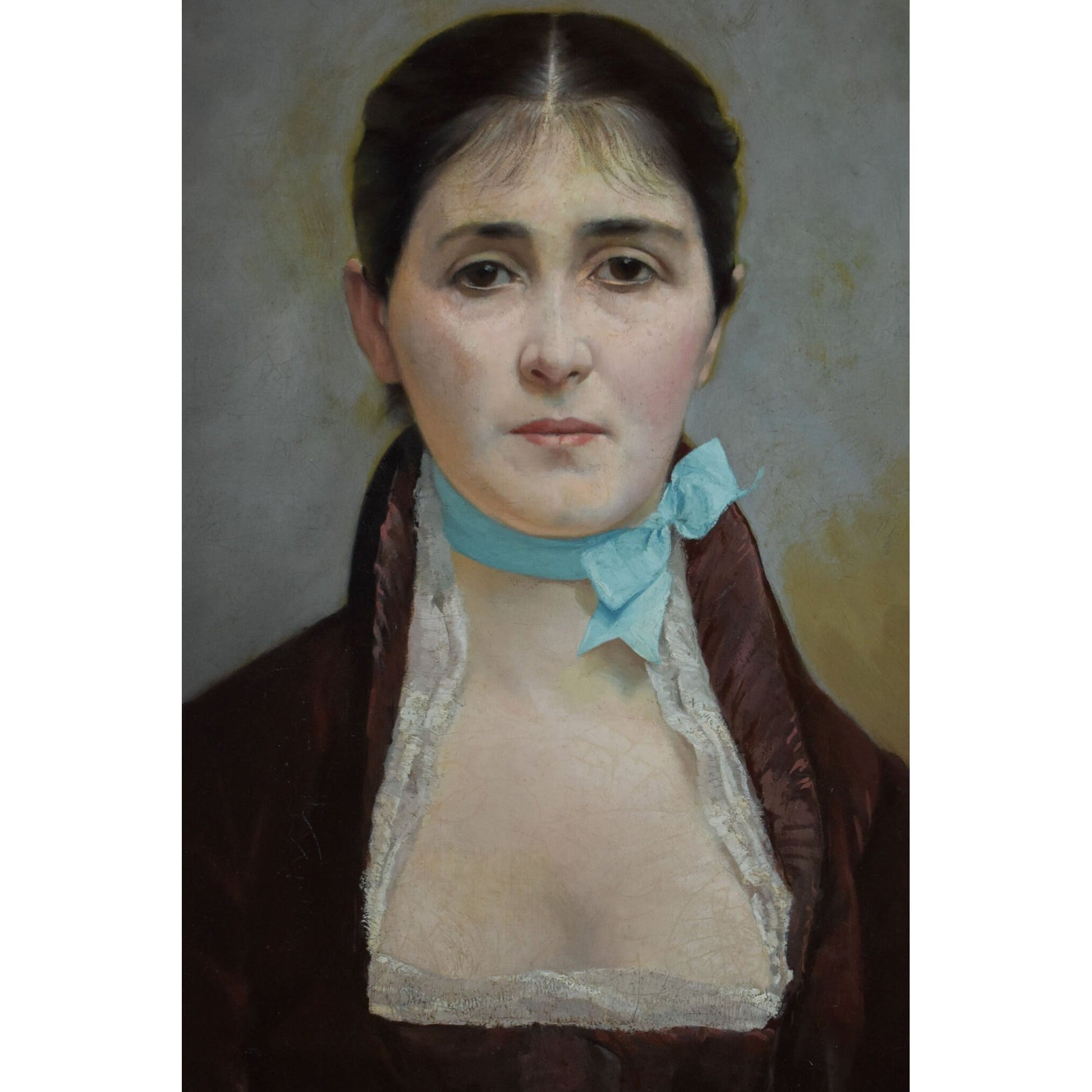 Antique portrait oval painting woman elegant dress 1878 by Georges Saint-Lanne for sale at Winckelmann Gallery