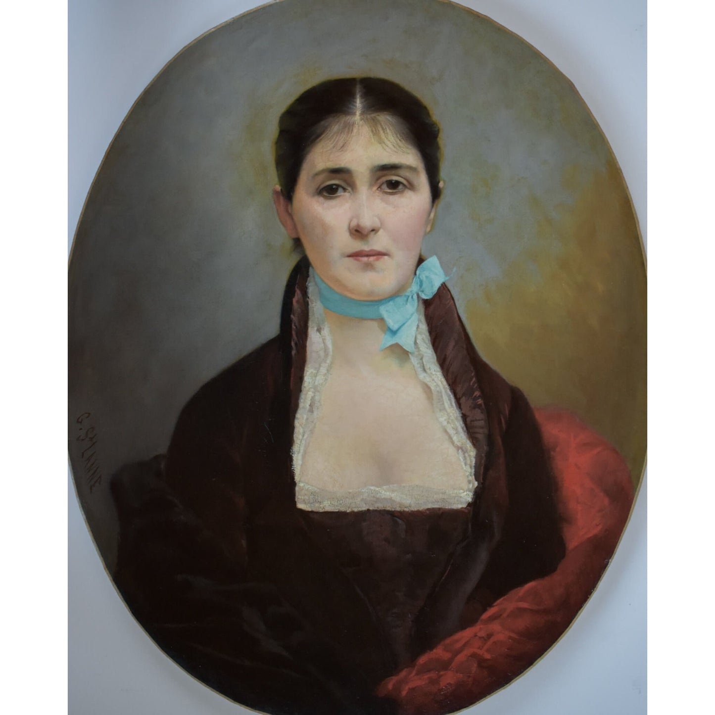 Antique portrait oval painting woman elegant dress 1878 by Georges Saint-Lanne for sale at Winckelmann Gallery