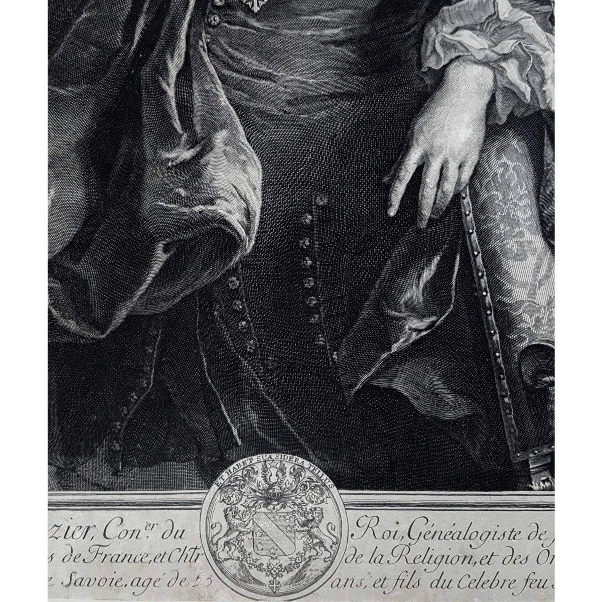 Antique portrait engraving Charles d'Hozier after Rigaud original 1691 by Gerard Edelinck for sale at Winckelmann Gallery