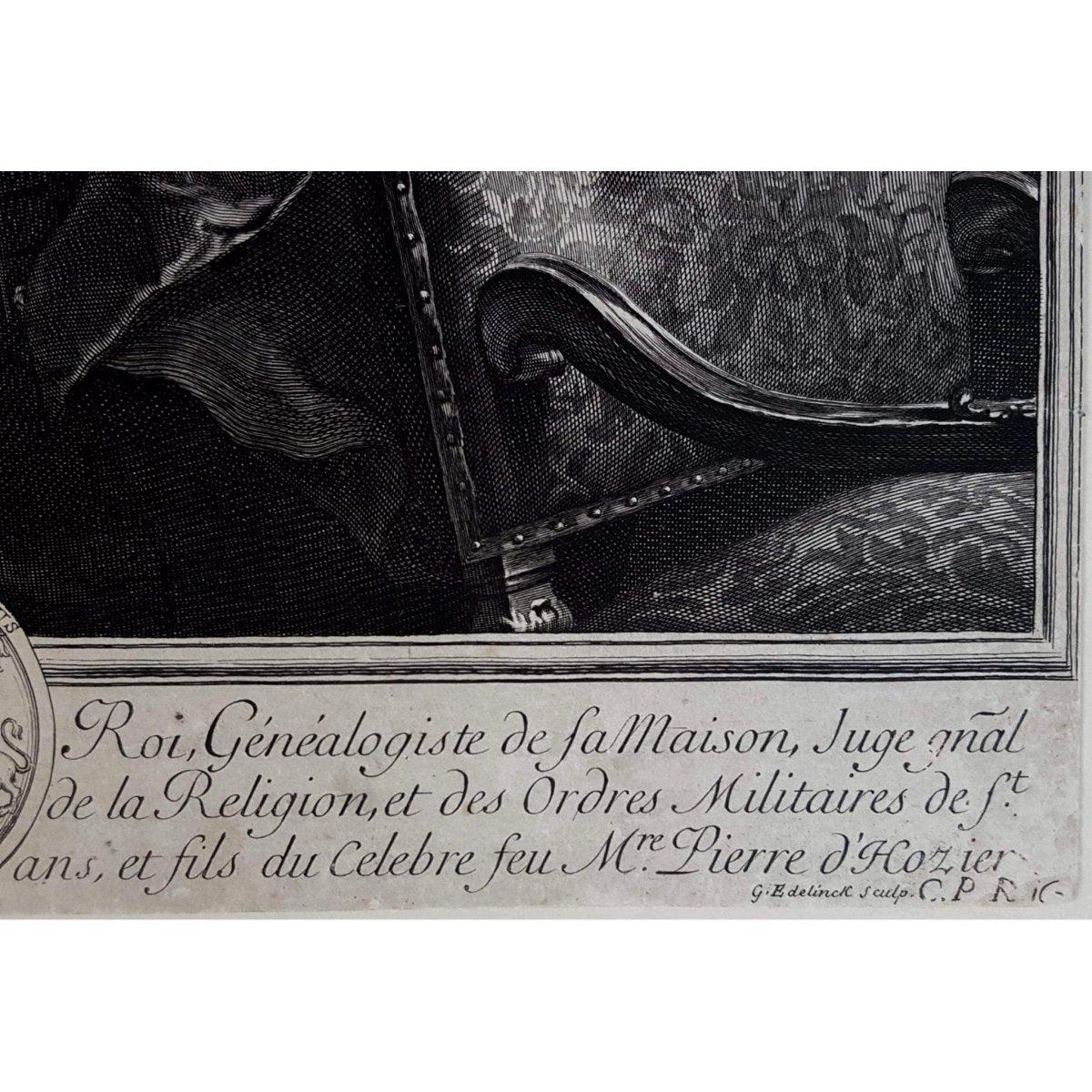 Antique portrait engraving Charles d'Hozier after Rigaud 1691 by Gérard Edelinck for sale at winckelmann gallery