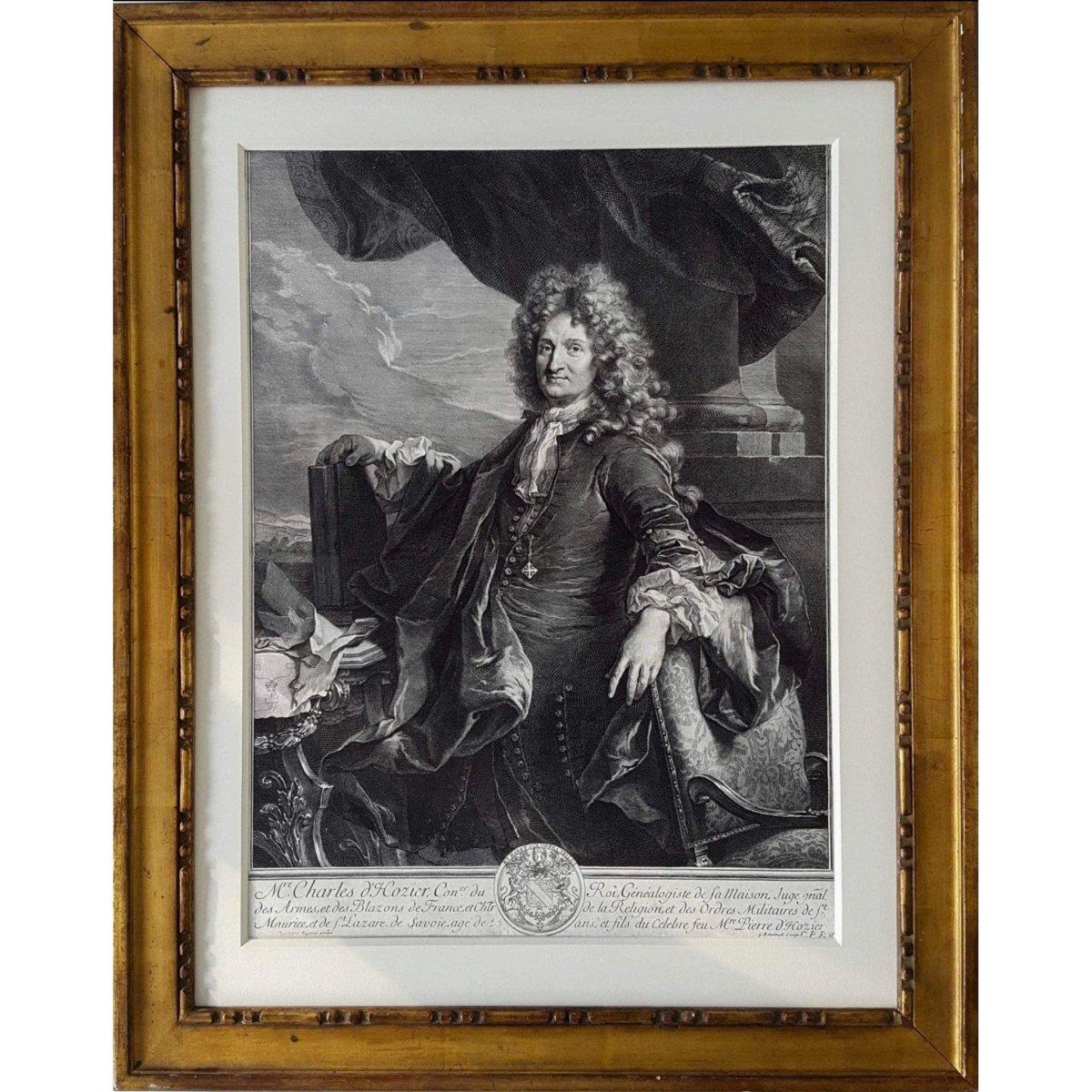 Antique portrait engraving Charles d'Hozier after Rigaud 1691 by Gérard Edelinck for sale at winckelmann gallery
