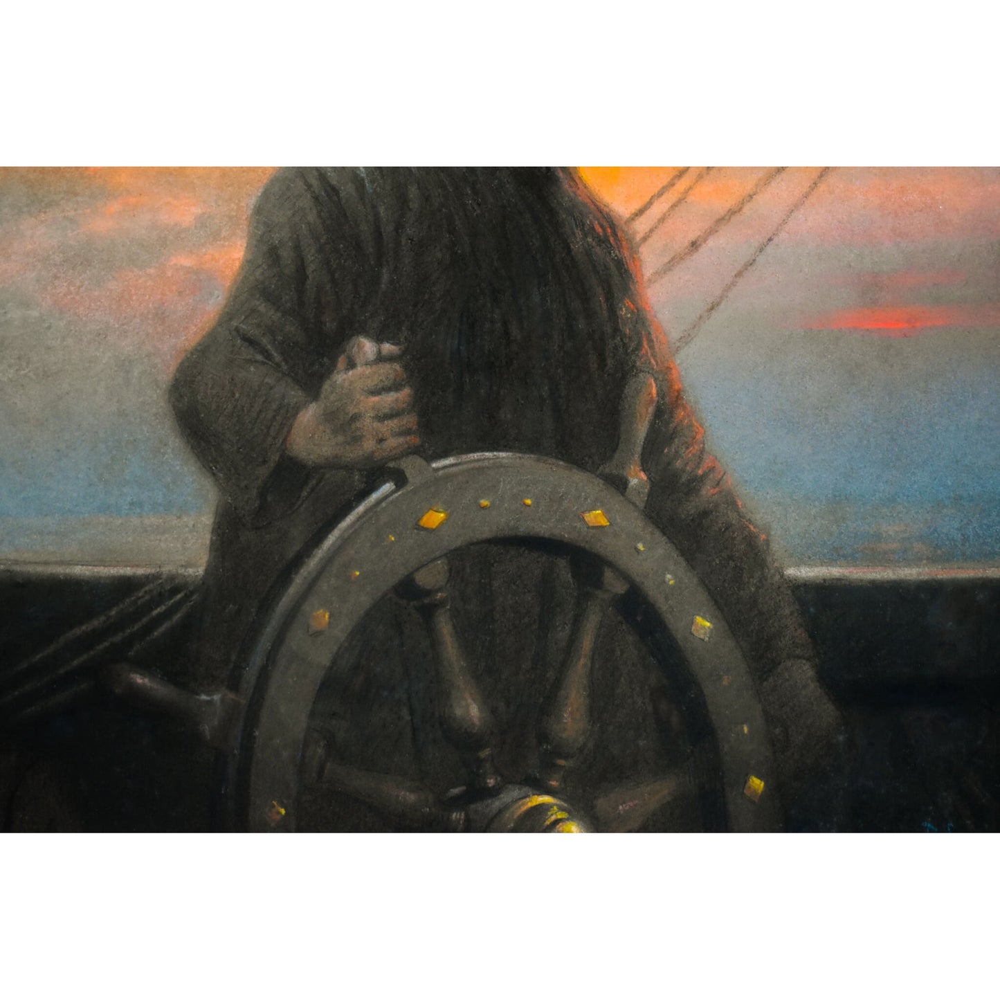 Antique pastel painting scene of a helmsman aboard his ship, by Guillaume Alaux, for sale at Winckelmann Gallery