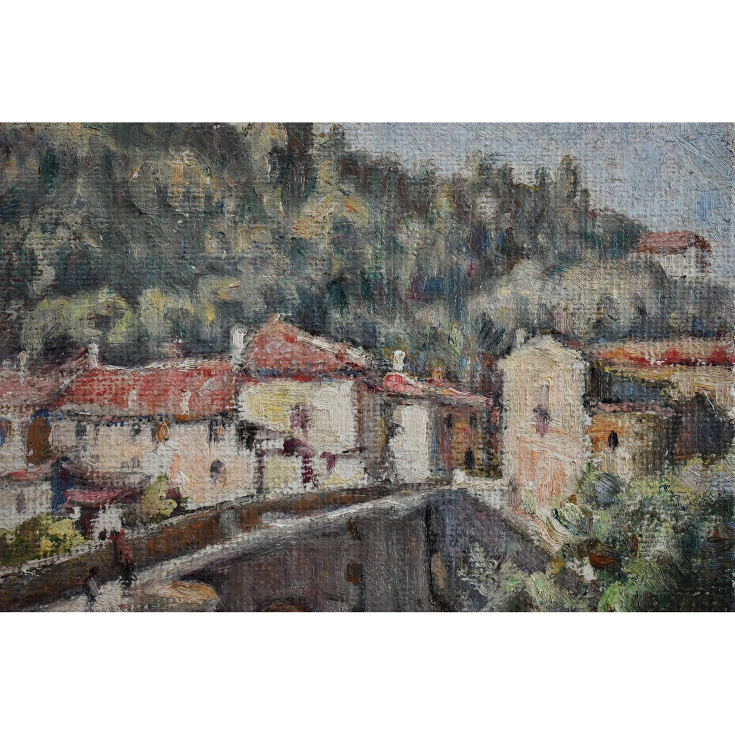 Vintage landscape oil painting impressionist art village view circa 1930 by Jean Galland for sale at Winckelmann Gallery