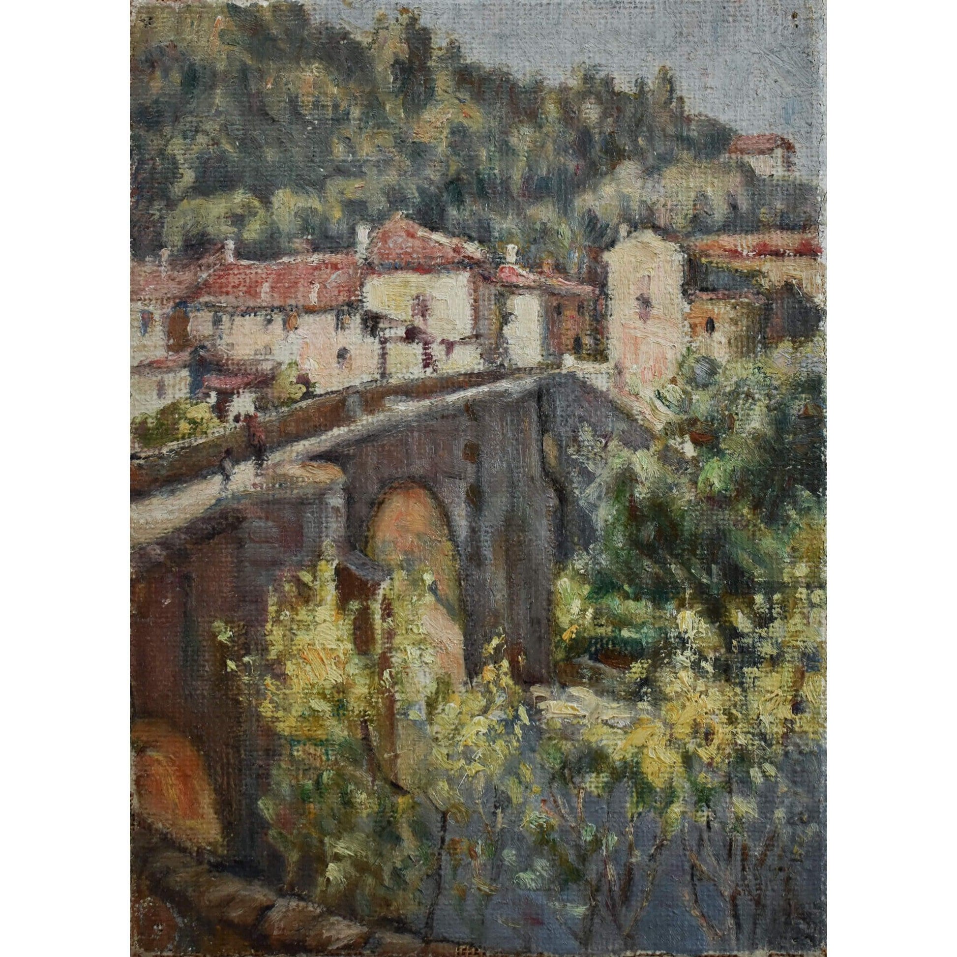 Vintage landscape oil painting impressionist art village view circa 1930 by Jean Galland for sale at Winckelmann Gallery