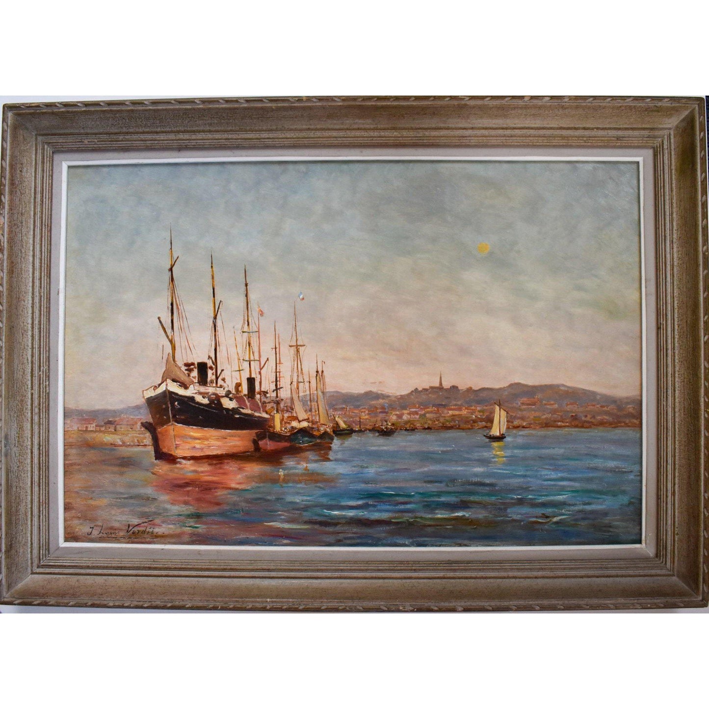 Antique seascape oil painting boats port scene circa 1900 by Jean Louis Verdie for sale at Winckelmann Gallery