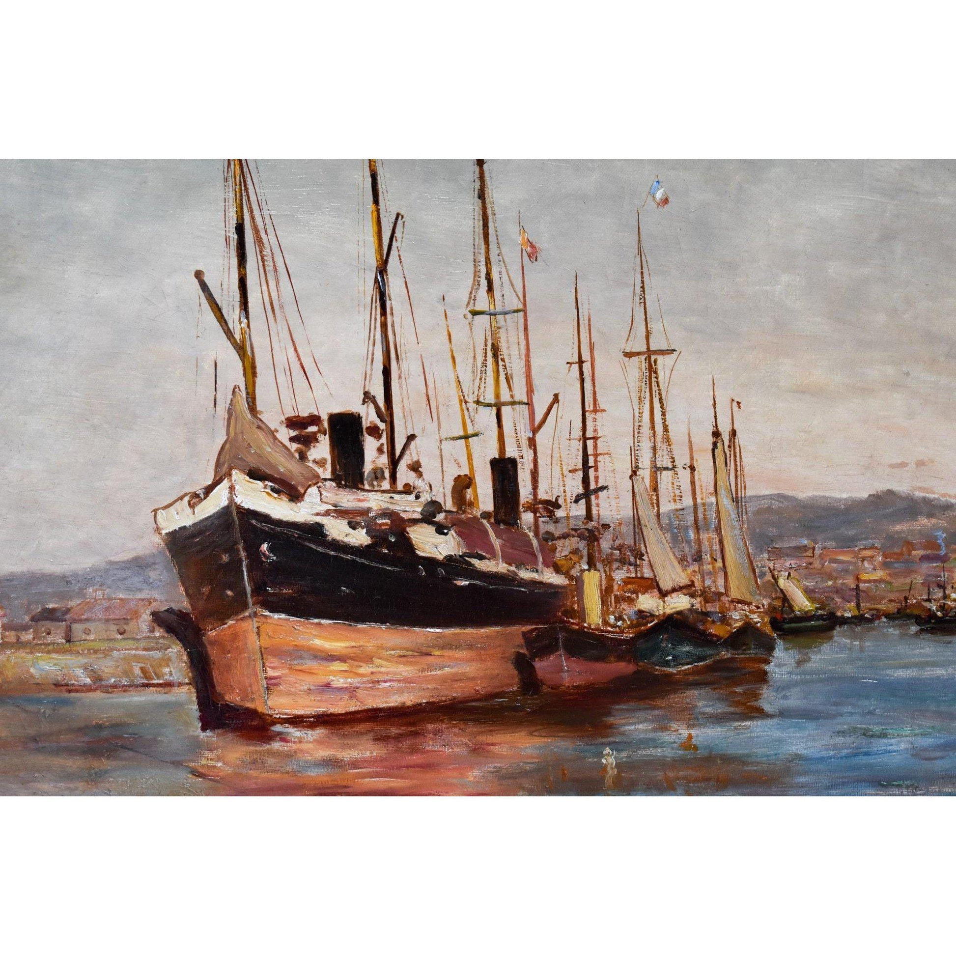 Antique seascape oil painting boats port scene circa 1900 by Jean Louis Verdie for sale at Winckelmann Gallery