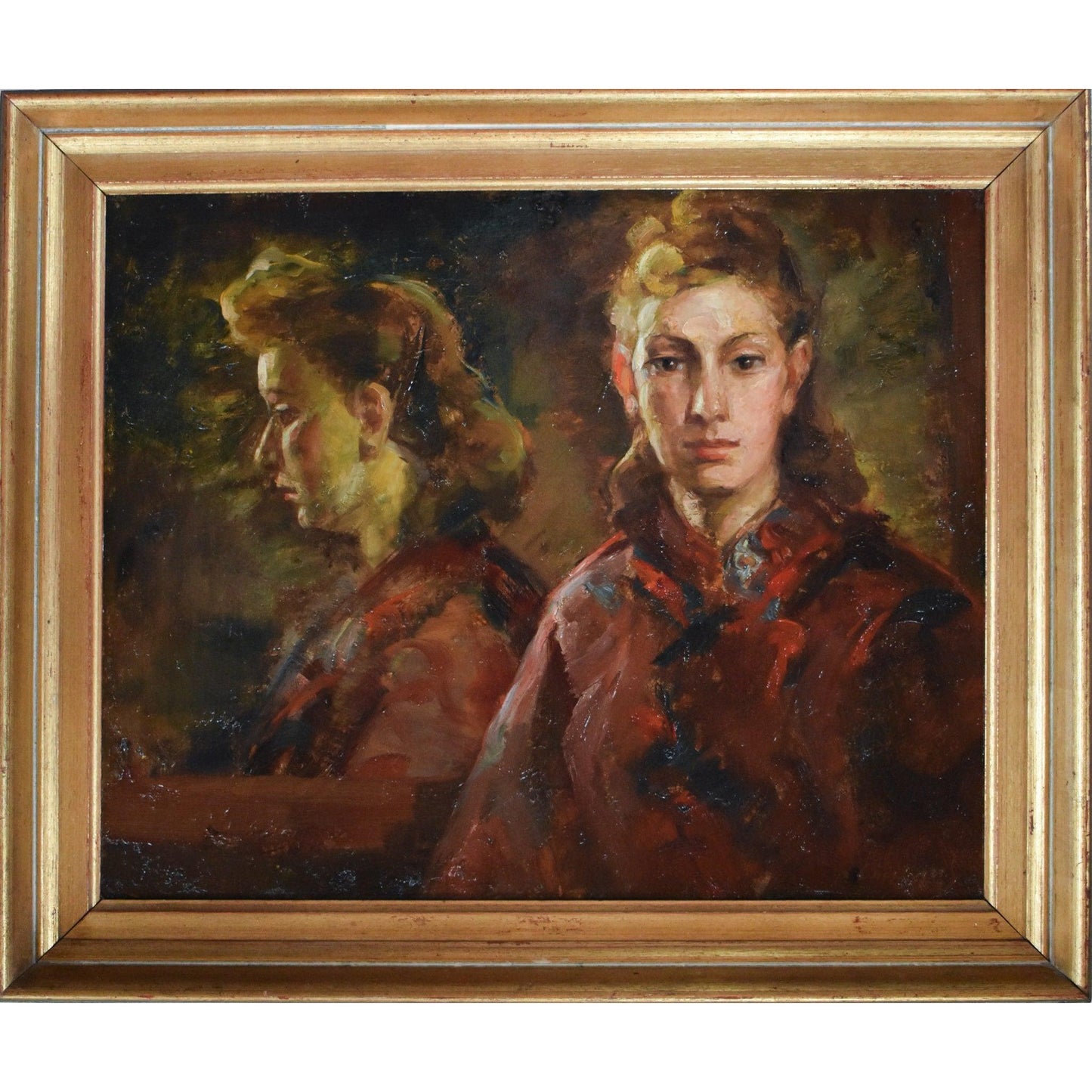 Vintage oil painting portrait, woman at the mirror, circa 1940, by Karel Cnockaert for sale at Winckelmann Gallery