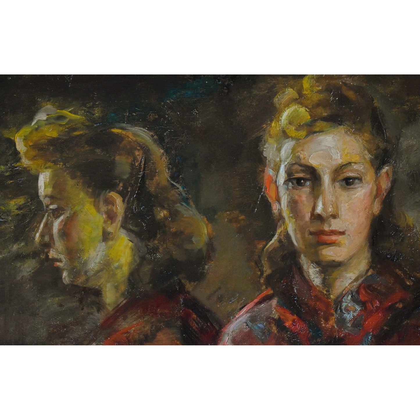 Vintage oil painting portrait, woman at the mirror, circa 1940, by Karel Cnockaert for sale at Winckelmann Gallery