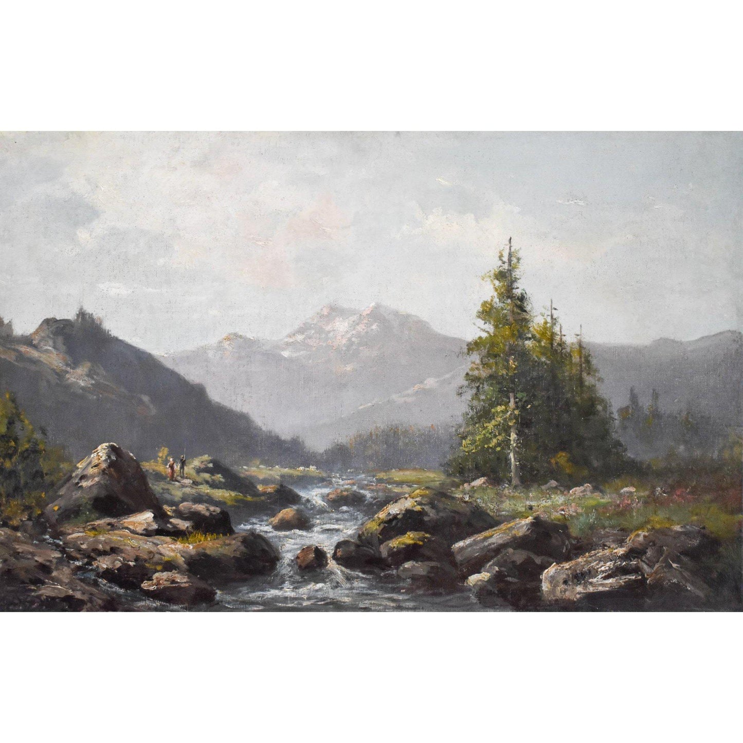 Antique landscape oil painting mountain alps view circa 1870 by Leberecht Lortet for sale at Winckelmann Gallery