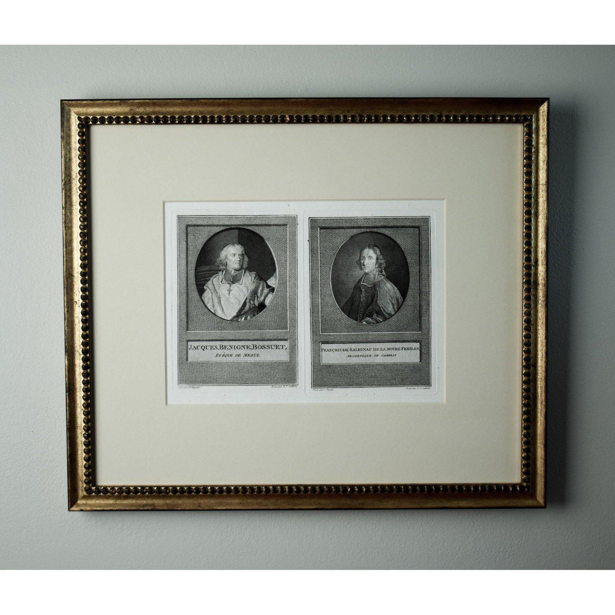 Antique portrait engraving church men Bossuet and Fenelon circa 1780 by Louis Cathelin for sale at Winckelmann Gallery