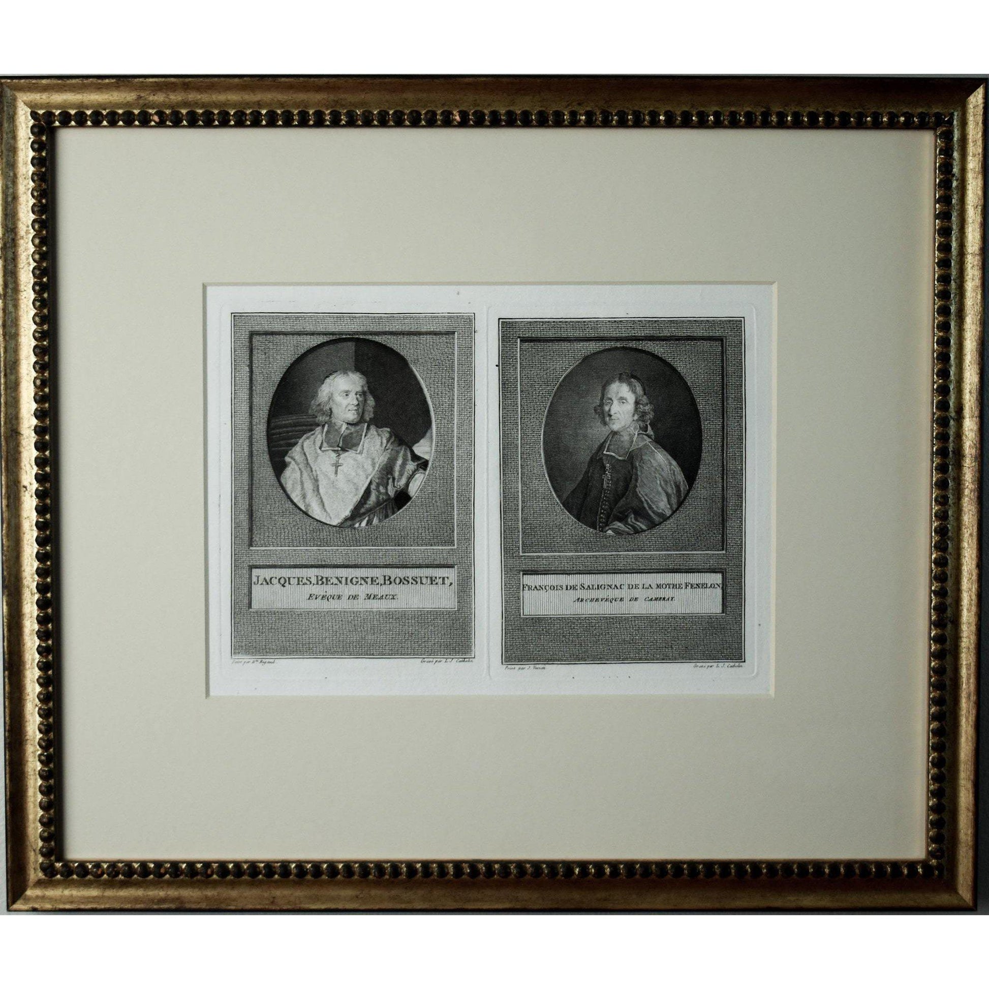 Antique portrait engraving church men Bossuet and Fenelon circa 1780 by Louis Cathelin for sale at Winckelmann Gallery