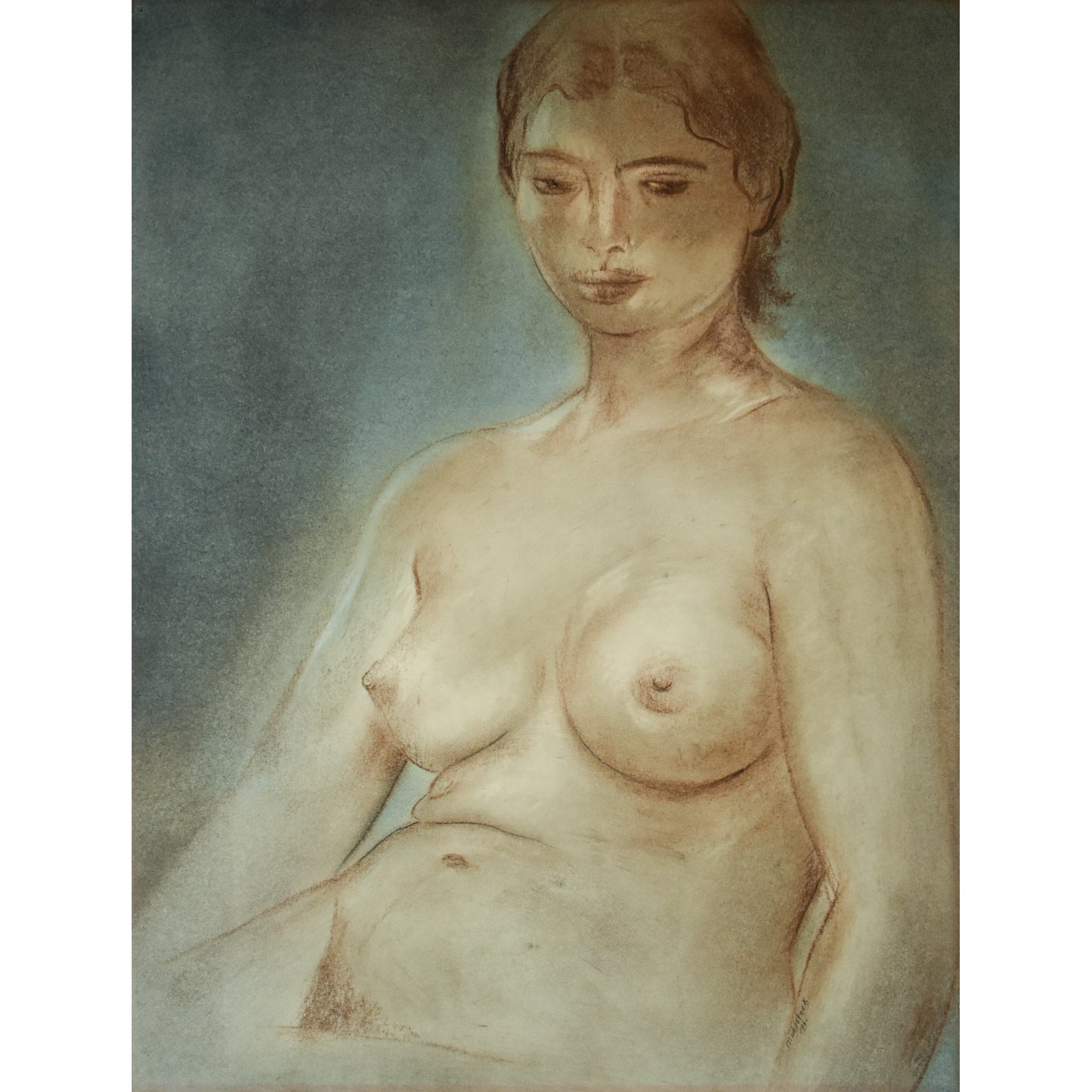 Vintage drawing pastel painting, woman nude figure original 1960, by Louis Muhlstock, for sale at Winckelmann Gallery