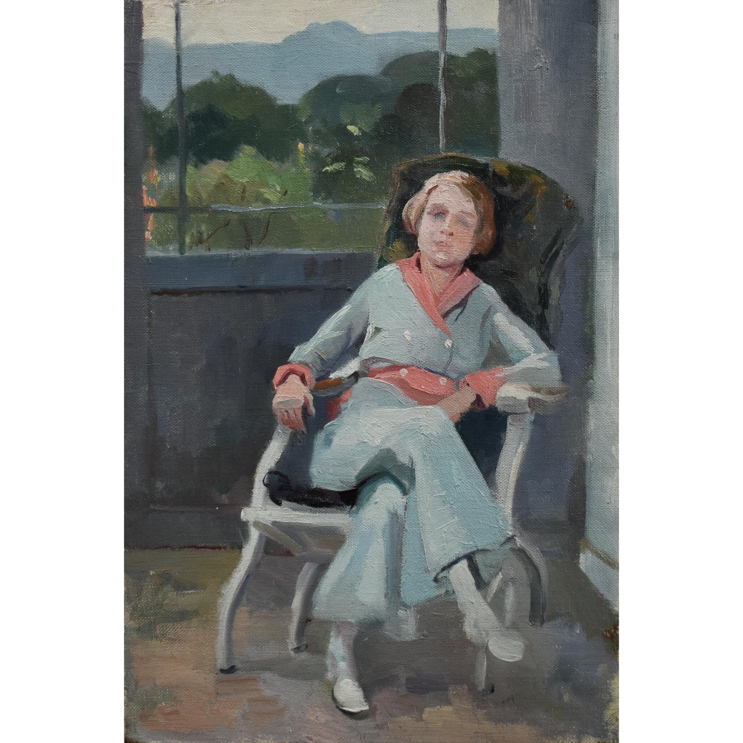 Vintage portrait oil painting, seated woman indoors, circa 1940 by Odette Durand Dett, for sale at Winckelmann Gallery