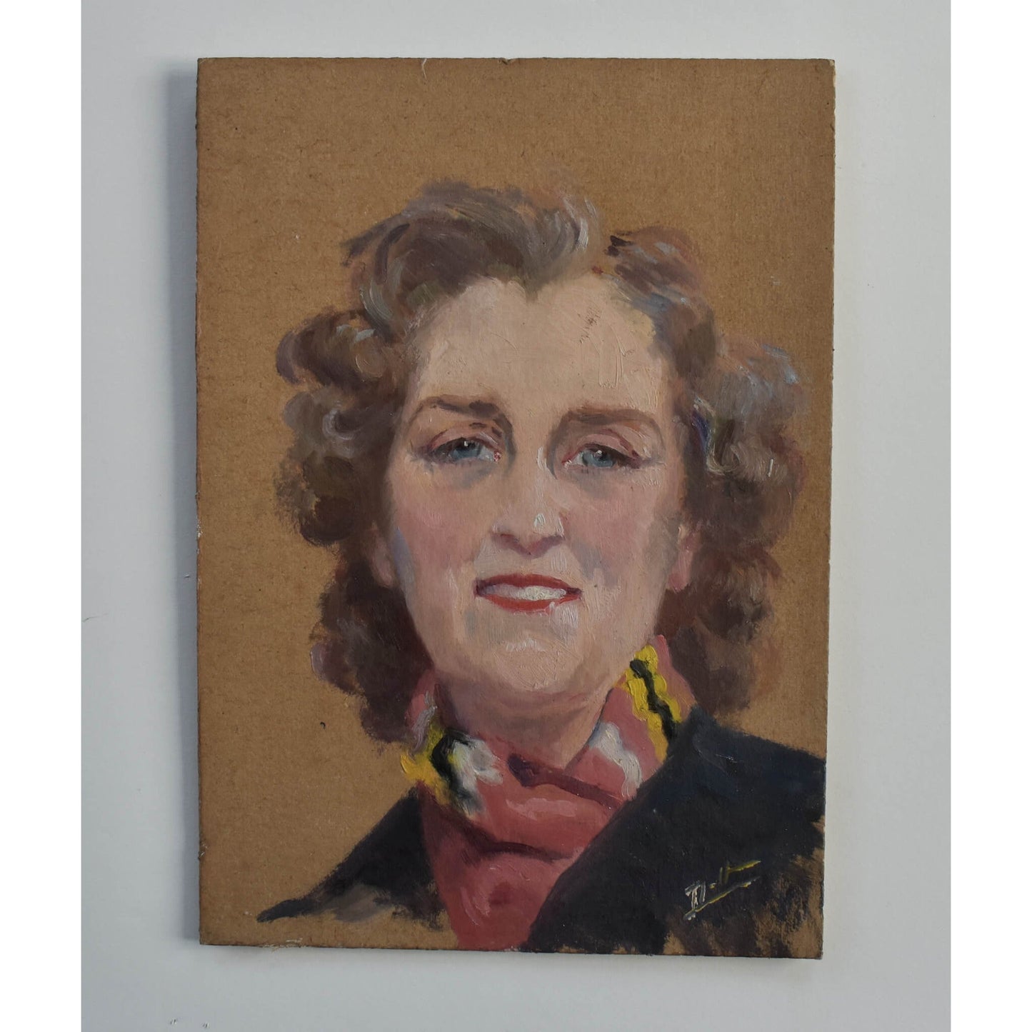 Vintage oil painting portrait of a woman with a neck scarf circa 1945 by Odette Durand for sale at Winckelmann Gallery