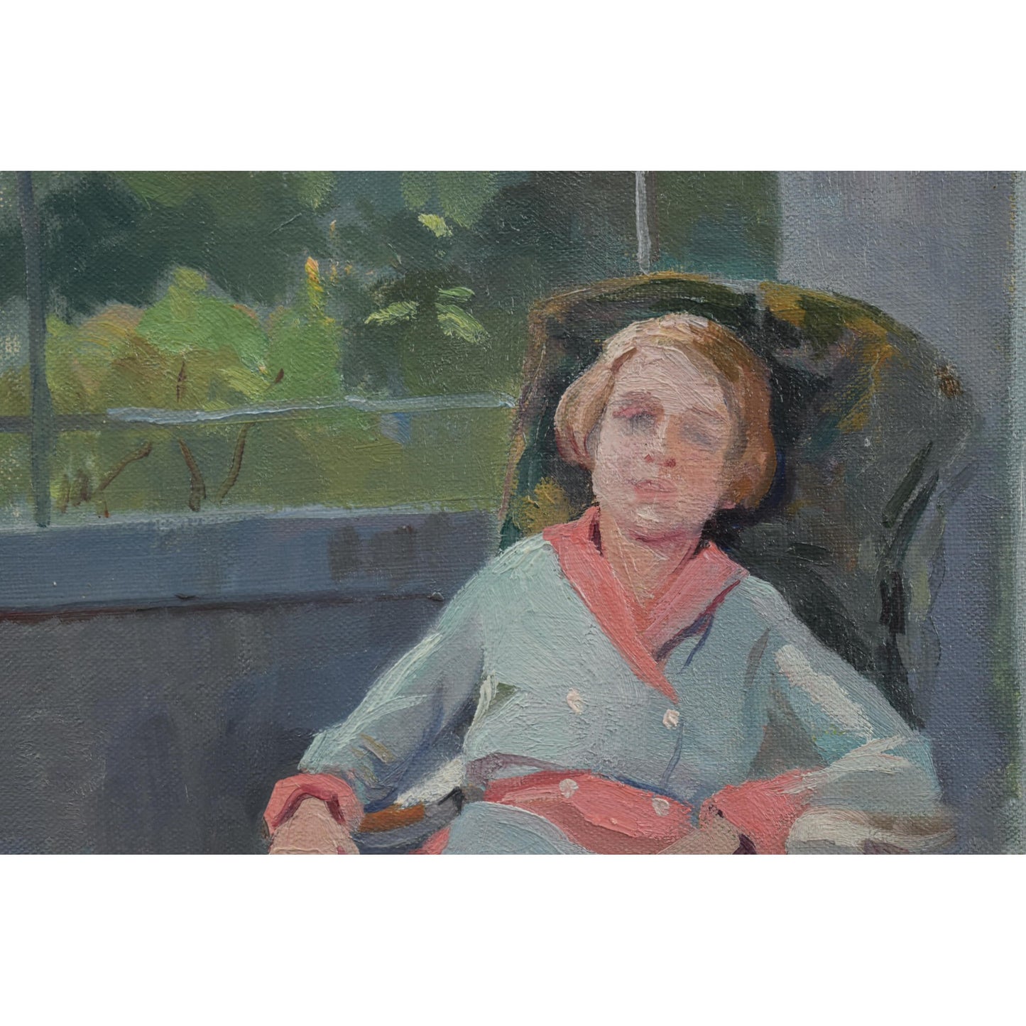 Vintage portrait oil painting, seated woman indoors, circa 1940 by Odette Durand Dett, for sale at Winckelmann Gallery