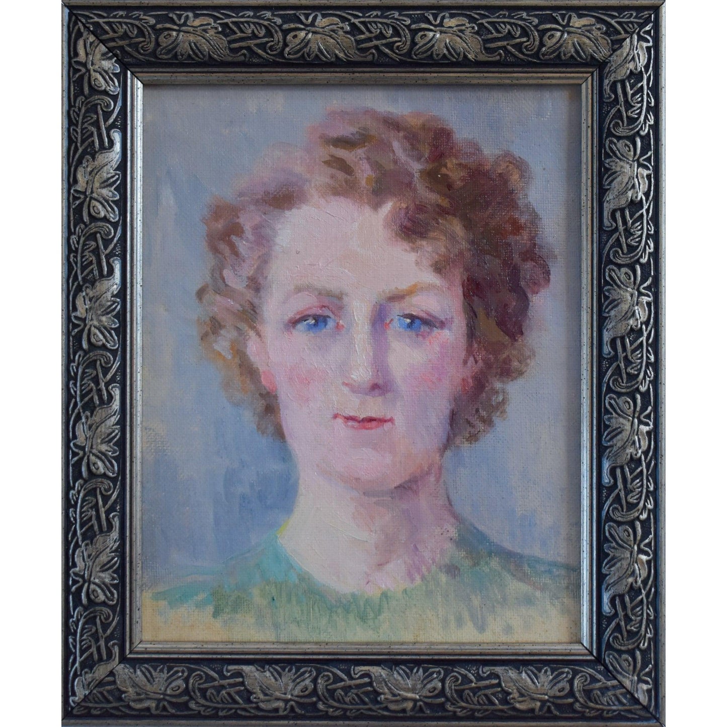 Vintage oil painting portrait, woman with blue eyes, circa 1940, by Odette Durand, for sale at Winckelmann Gallery.