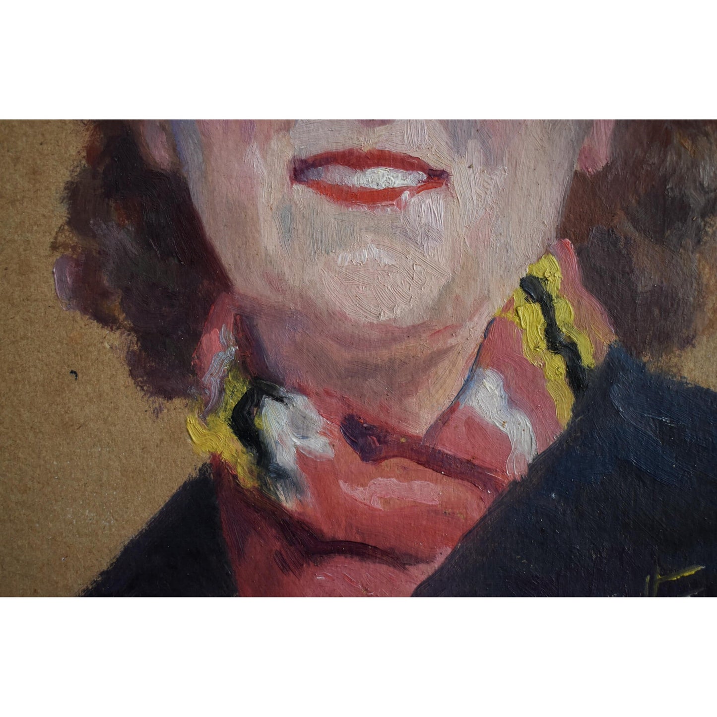 Vintage oil painting portrait of a woman with a neck scarf circa 1945 by Odette Durand for sale at Winckelmann Gallery