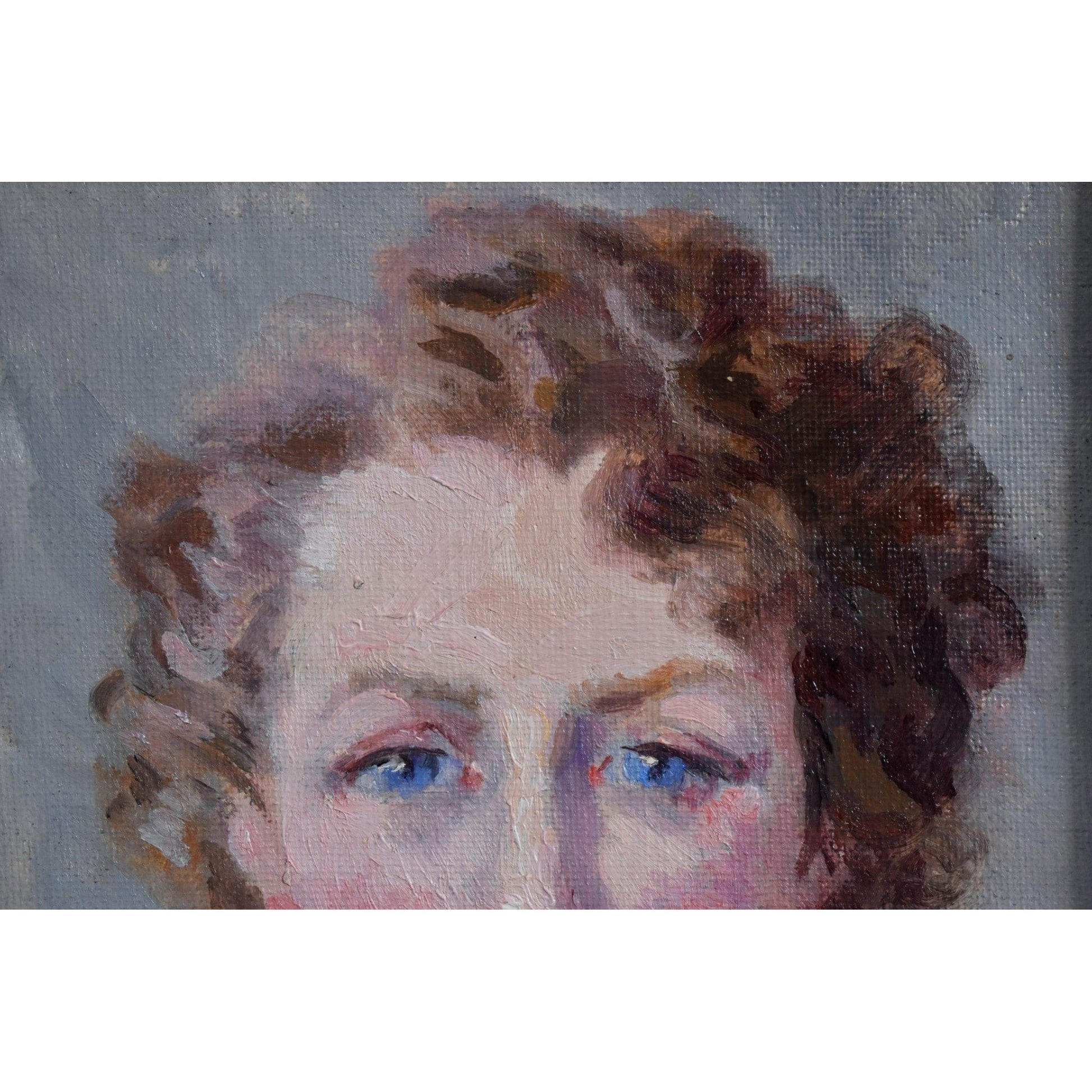 Vintage oil painting portrait, woman with blue eyes, circa 1940, by Odette Durand, for sale at Winckelmann Gallery.