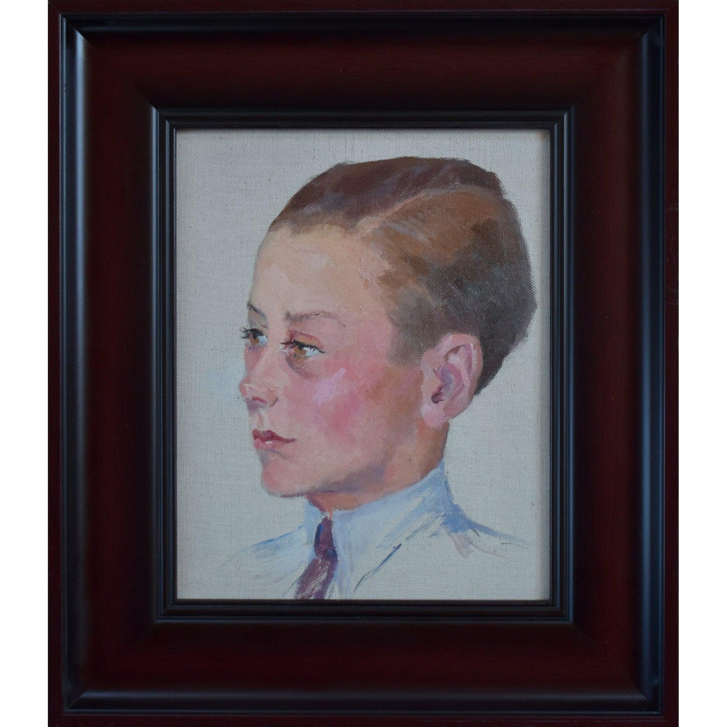 Vintage oil painting portrait of a young boy, circa 1940, by Odette Durand, for sale at Winckelmann Gallery