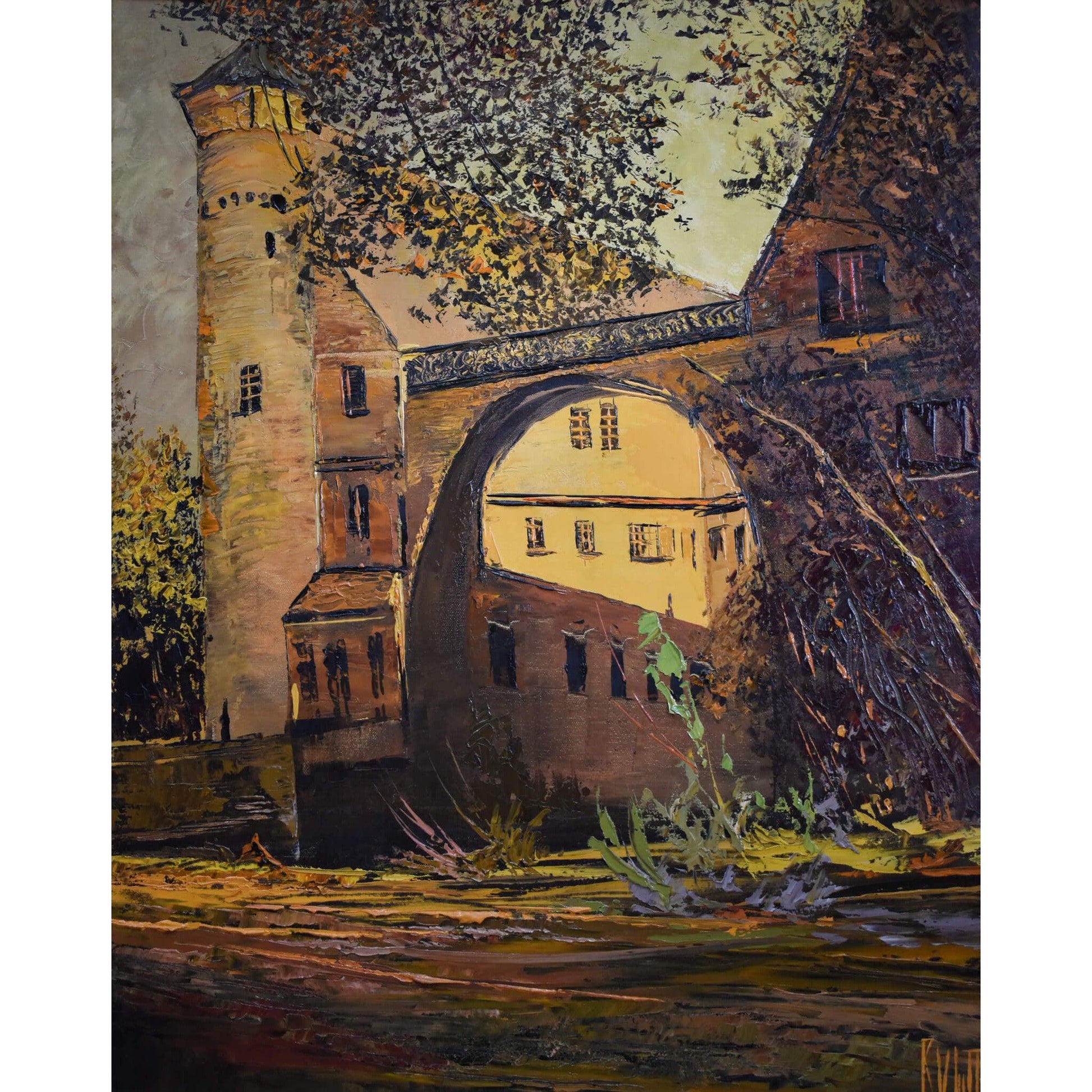 Vintage landscape oil painting, Furstenau castle view circa 1970, by Otto Rut, for sale at Winckelmann Gallery