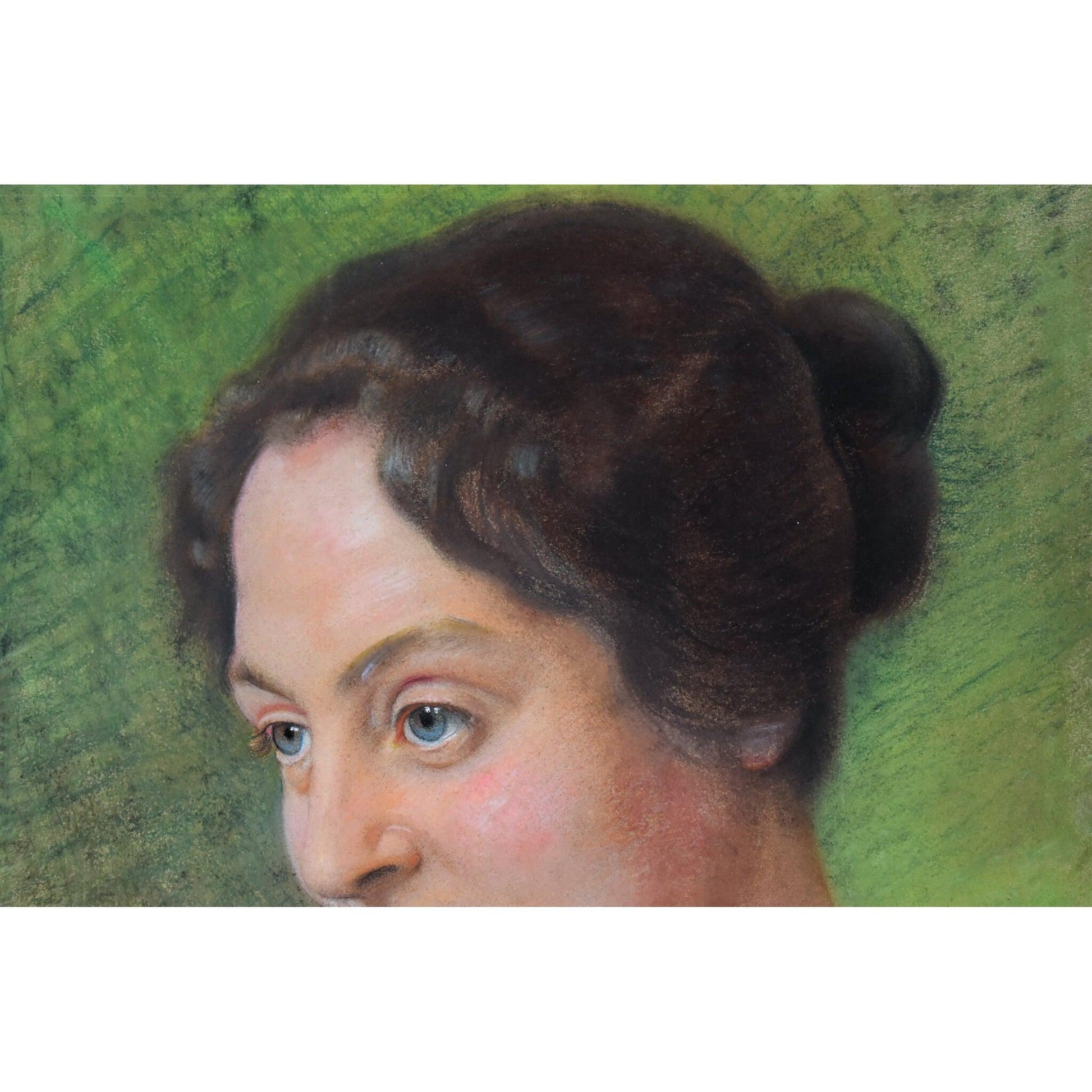 Antique portrait pastel painting woman blue eyes original 1919 by Paul Beckert for sale at Winckelmann Gallery