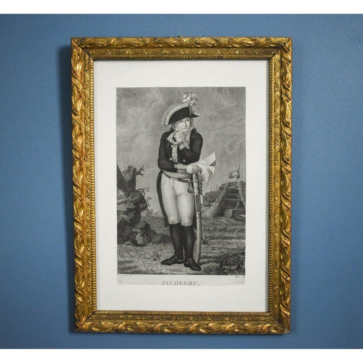Antique portrait engraving general Pichegru French Revolution circa 1798 by Philippe Lefevre for sale at Winckelmann Gallery