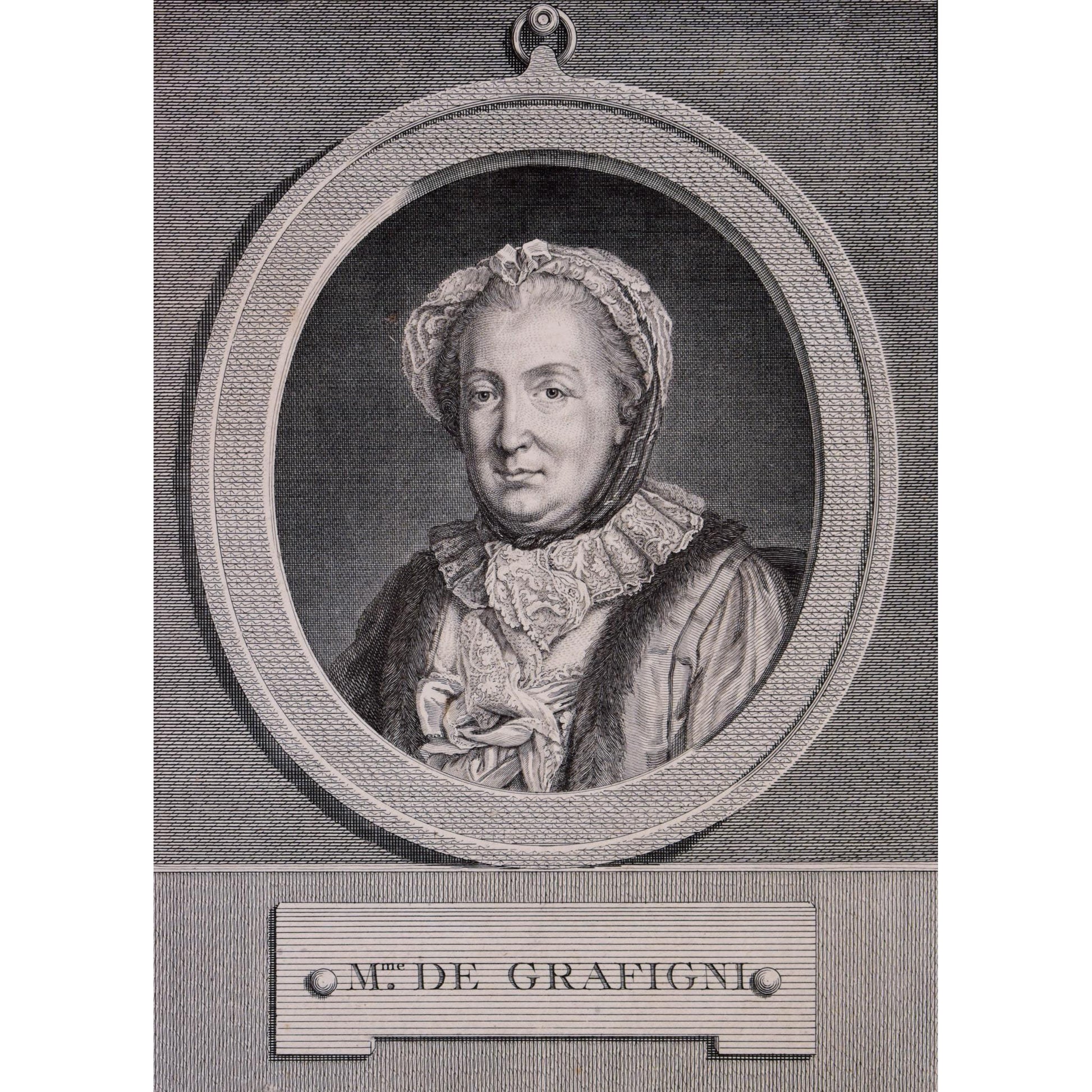 Antique etching portrait woman writer Graffigny original 1772 by Pierre Charles Leveque for sale at Winckelmann Gallery