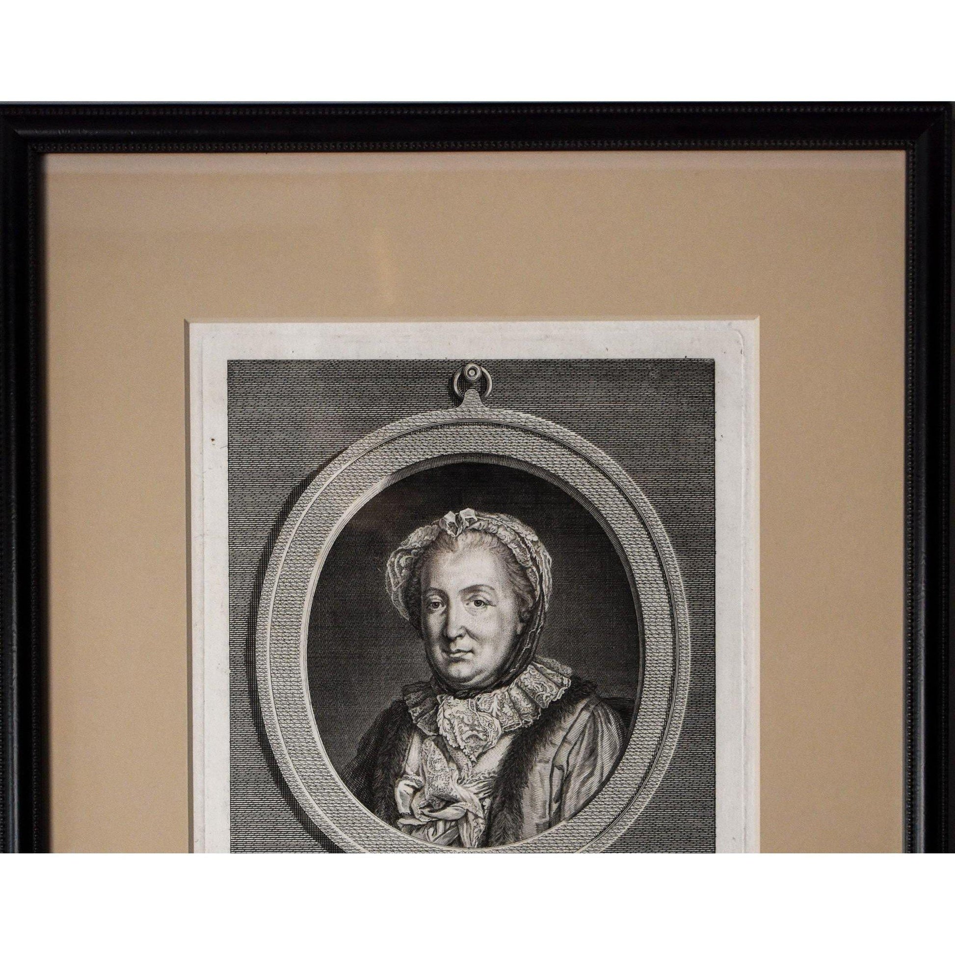 Antique etching portrait woman writer Graffigny original 1772 by Pierre Charles Leveque for sale at Winckelmann Gallery