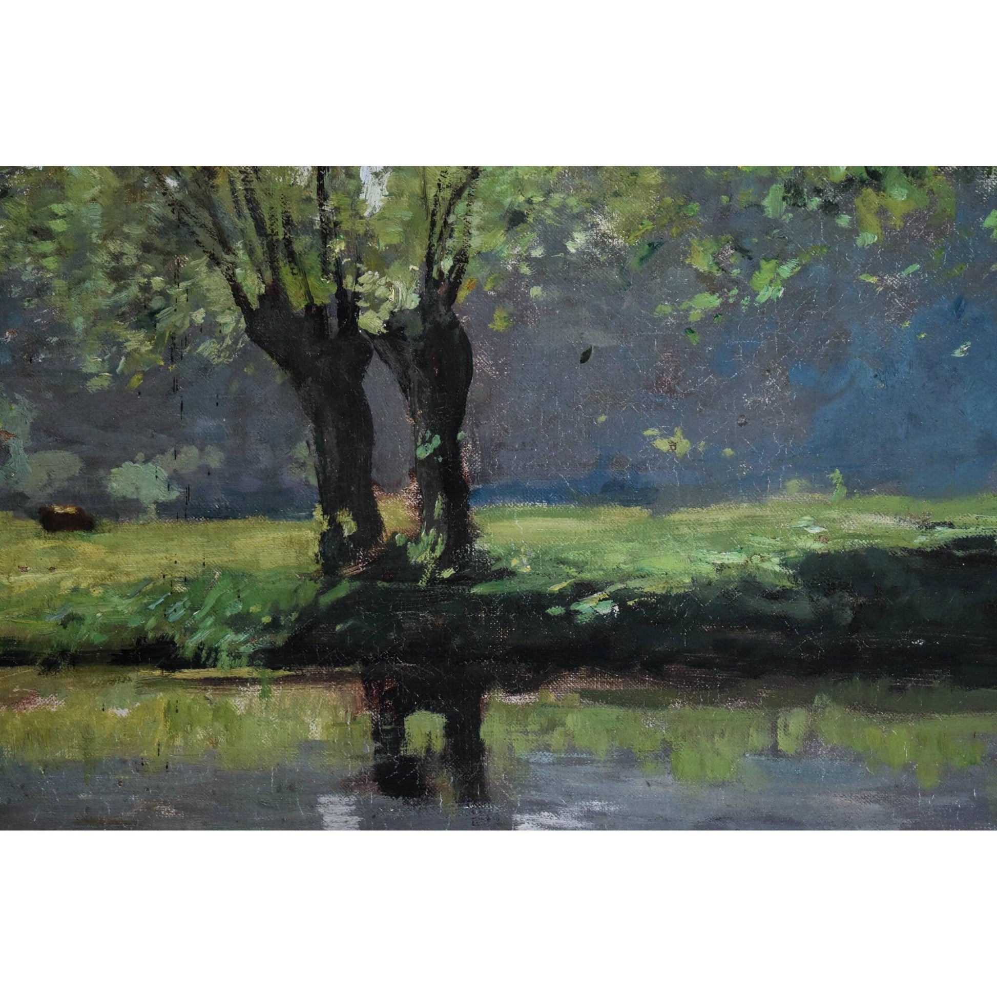 Antique landscape oil painting river impressionist art circa 1900 by Pierre-Paul Detenre for sale at Winckelmann Gallery