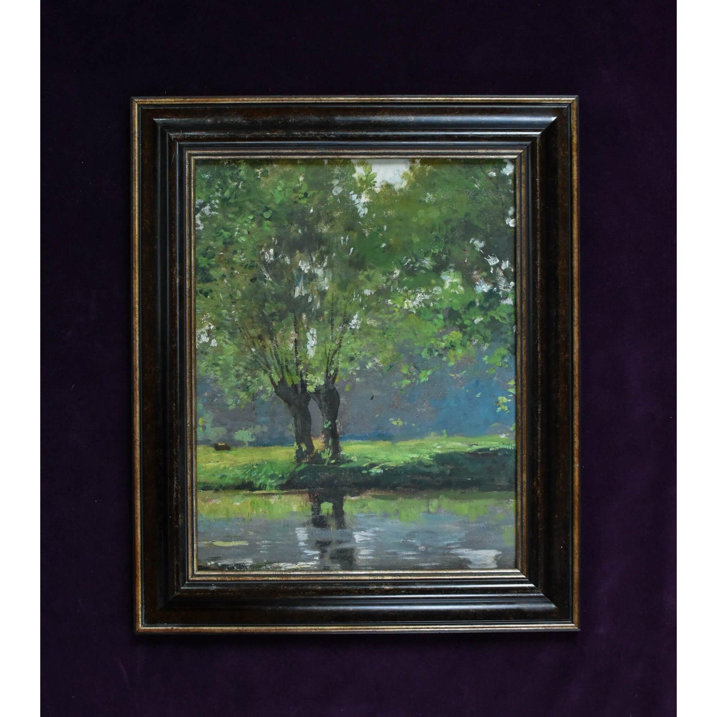 Antique landscape oil painting river impressionist art circa 1900 by Pierre-Paul Detenre for sale at Winckelmann Gallery