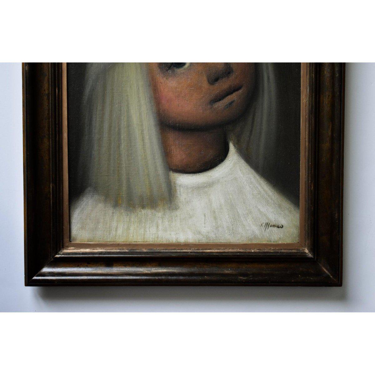 Vintage portrait oil painting girl original 1963 by Primaldo Monaco for sale at Winckelmann Gallery