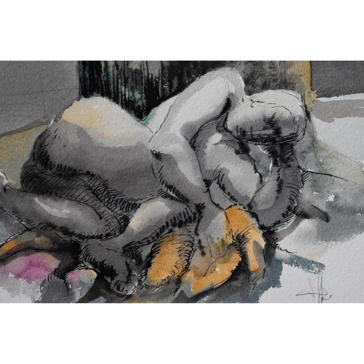 Modern painting watercolour nude female figure expressionist art circa 1990 by Roger Coppe for sale at Winckelmann Gallery