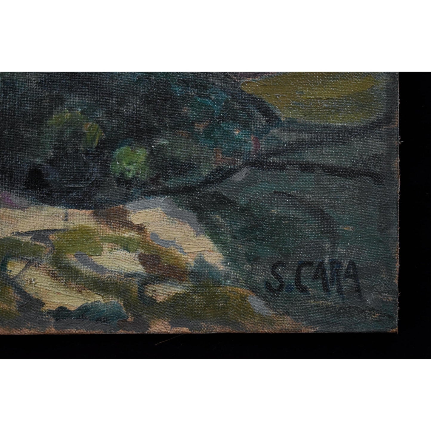 Vintage landscape oil painting village view circa 1945 by Stephane Cara for sale at Winckelmann Gallery